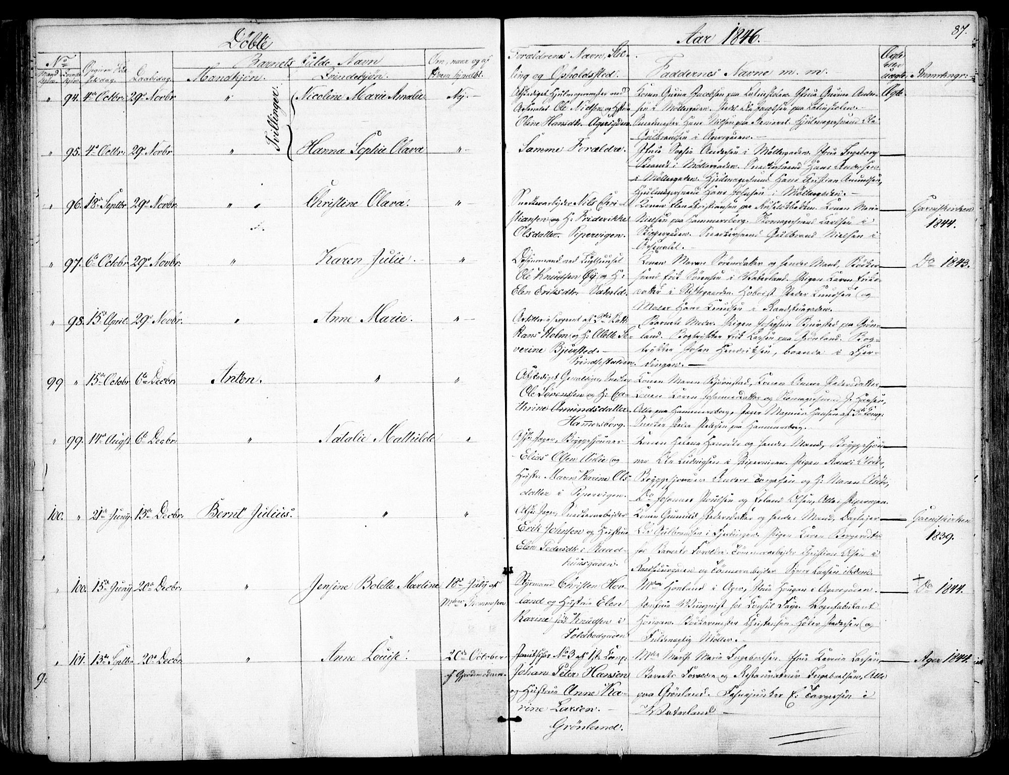 Garnisonsmenigheten Kirkebøker, AV/SAO-A-10846/F/Fa/L0008: Parish register (official) no. 8, 1842-1859, p. 87