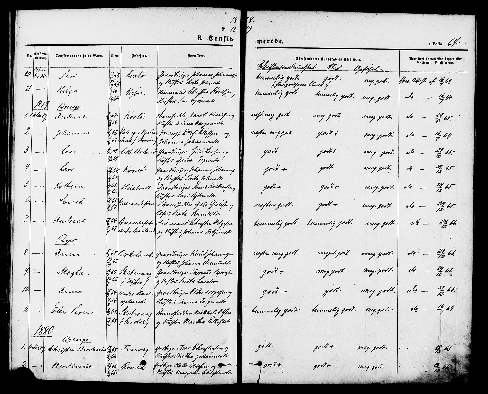 Vikedal sokneprestkontor, AV/SAST-A-101840/01/IV: Parish register (official) no. A 9, 1868-1885, p. 64