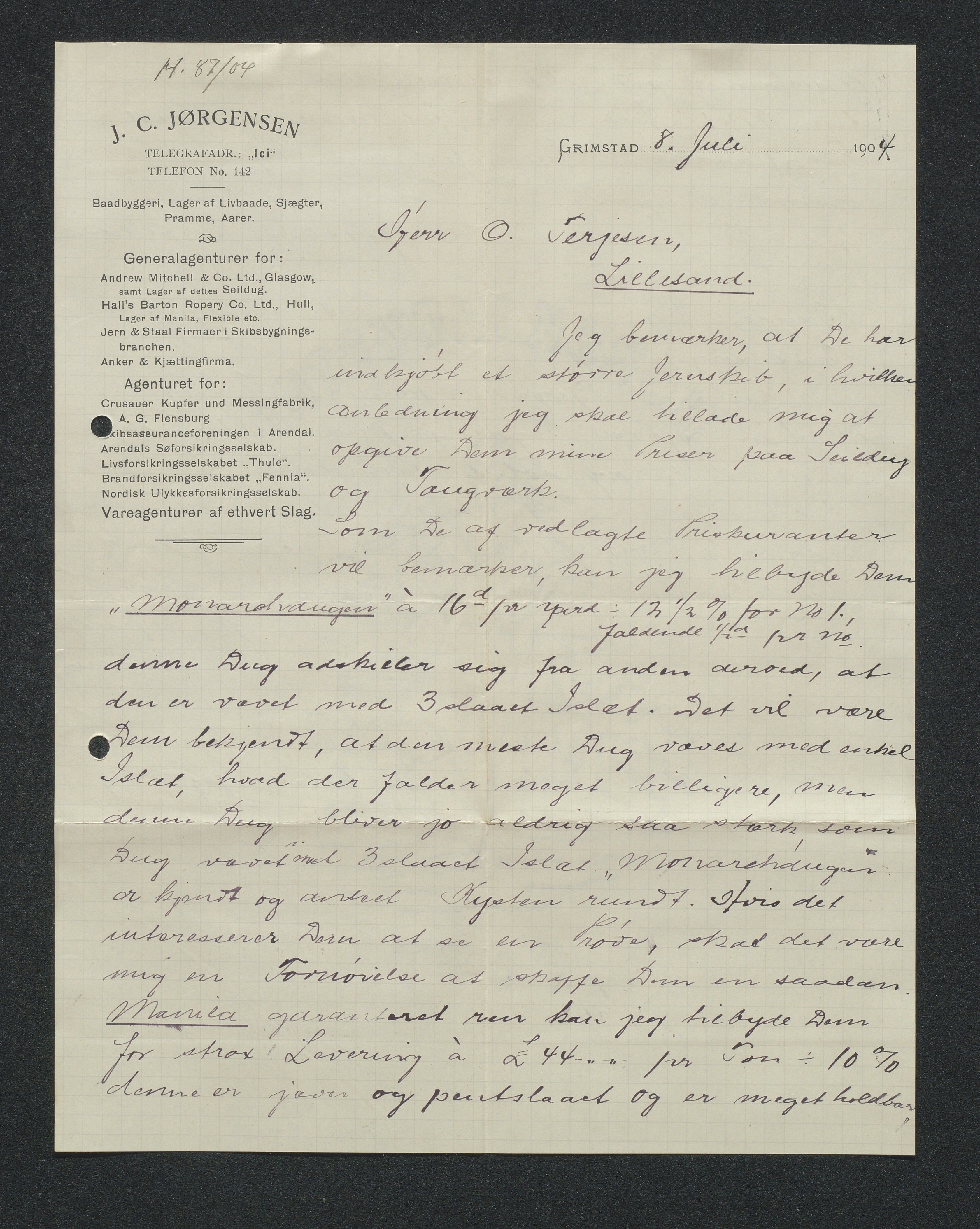 O. Terjesens rederi, AAKS/PA-2525/E/E01/L0013: Korrespondanse, 1904-1905