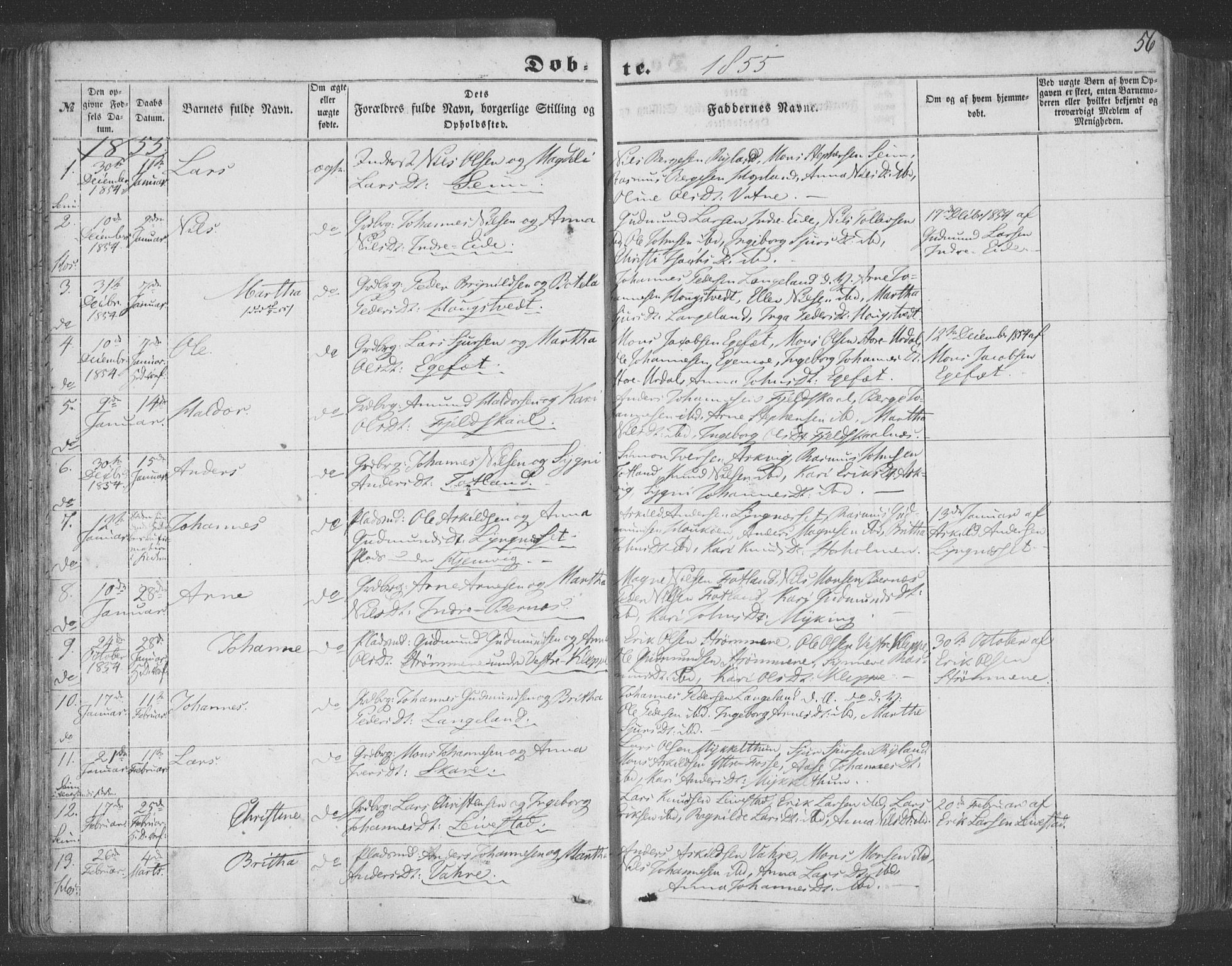 Hosanger sokneprestembete, SAB/A-75801/H/Haa: Parish register (official) no. A 8, 1849-1863, p. 56