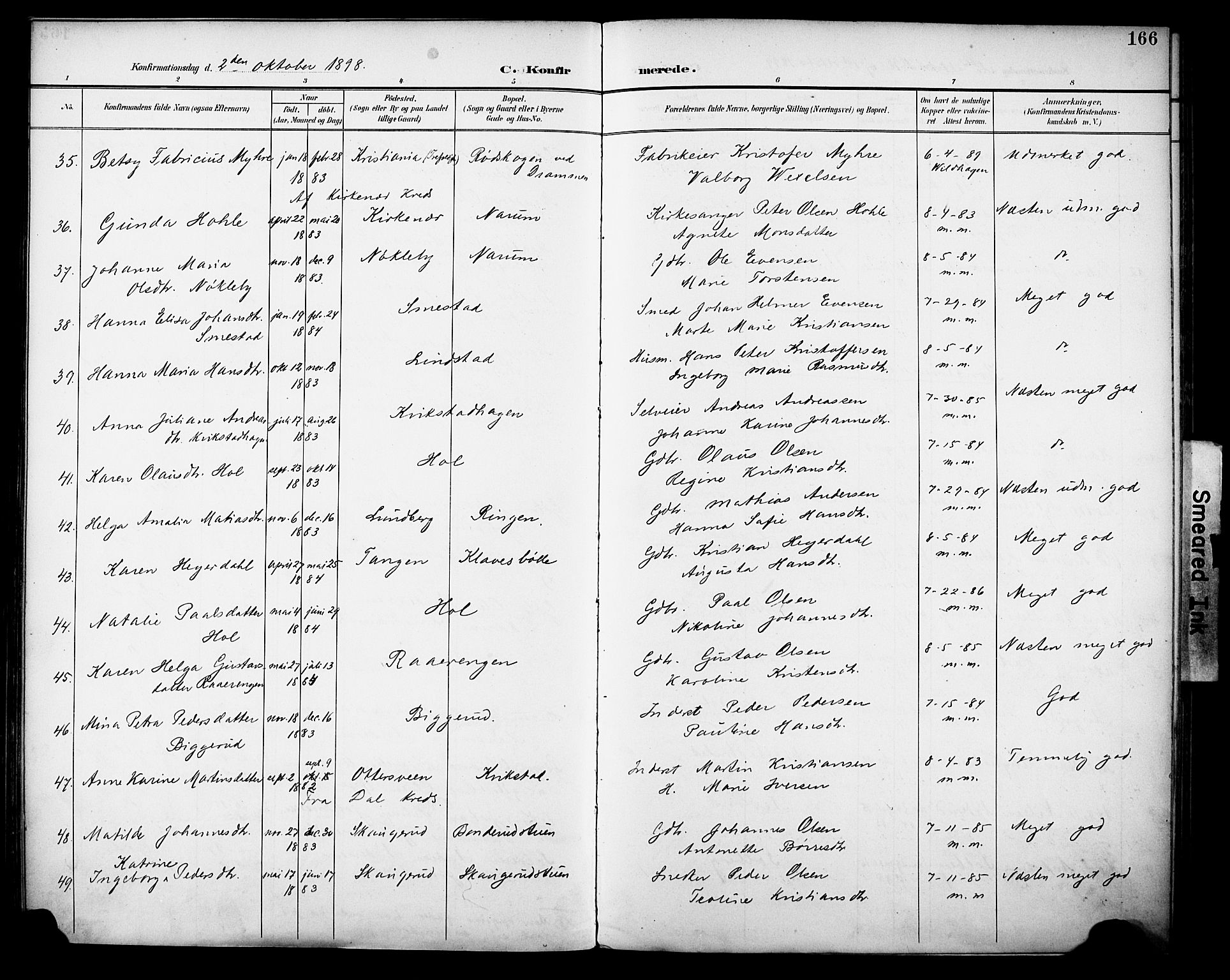 Vestre Toten prestekontor, SAH/PREST-108/H/Ha/Haa/L0013: Parish register (official) no. 13, 1895-1911, p. 166