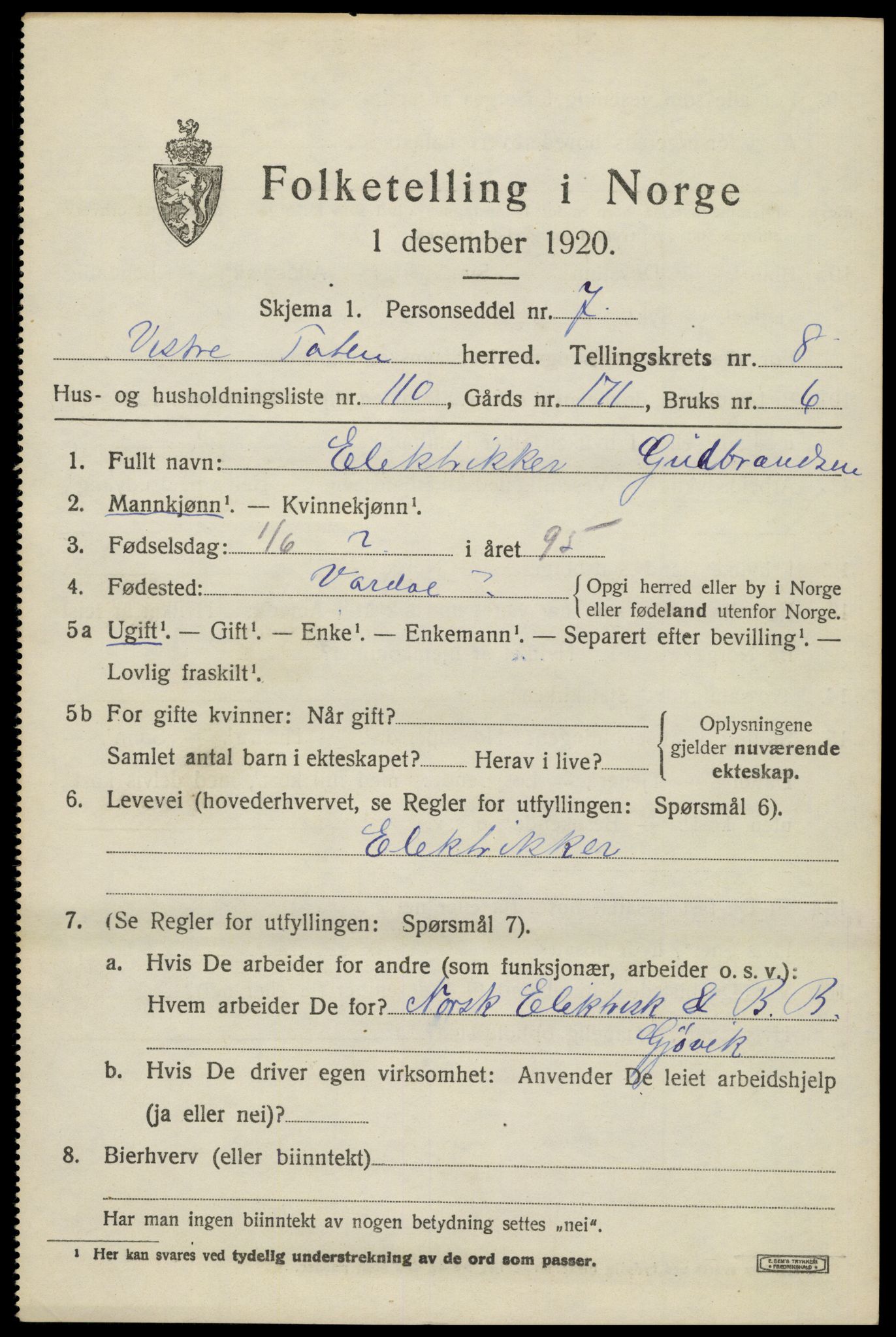 SAH, 1920 census for Vestre Toten, 1920, p. 11108