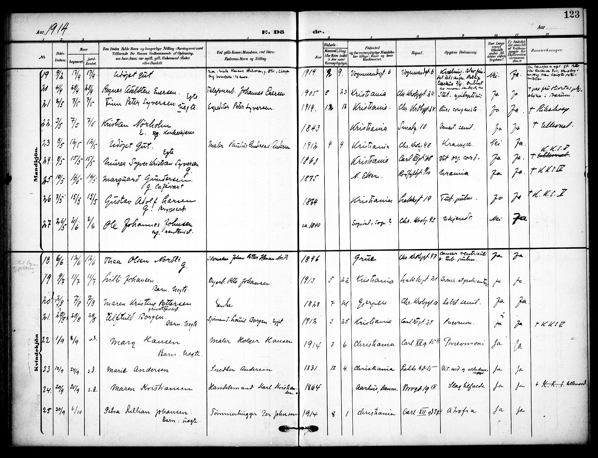 Vaterland prestekontor Kirkebøker, AV/SAO-A-10880/F/Fa/L0002: Parish register (official) no. 2, 1907-1921, p. 123