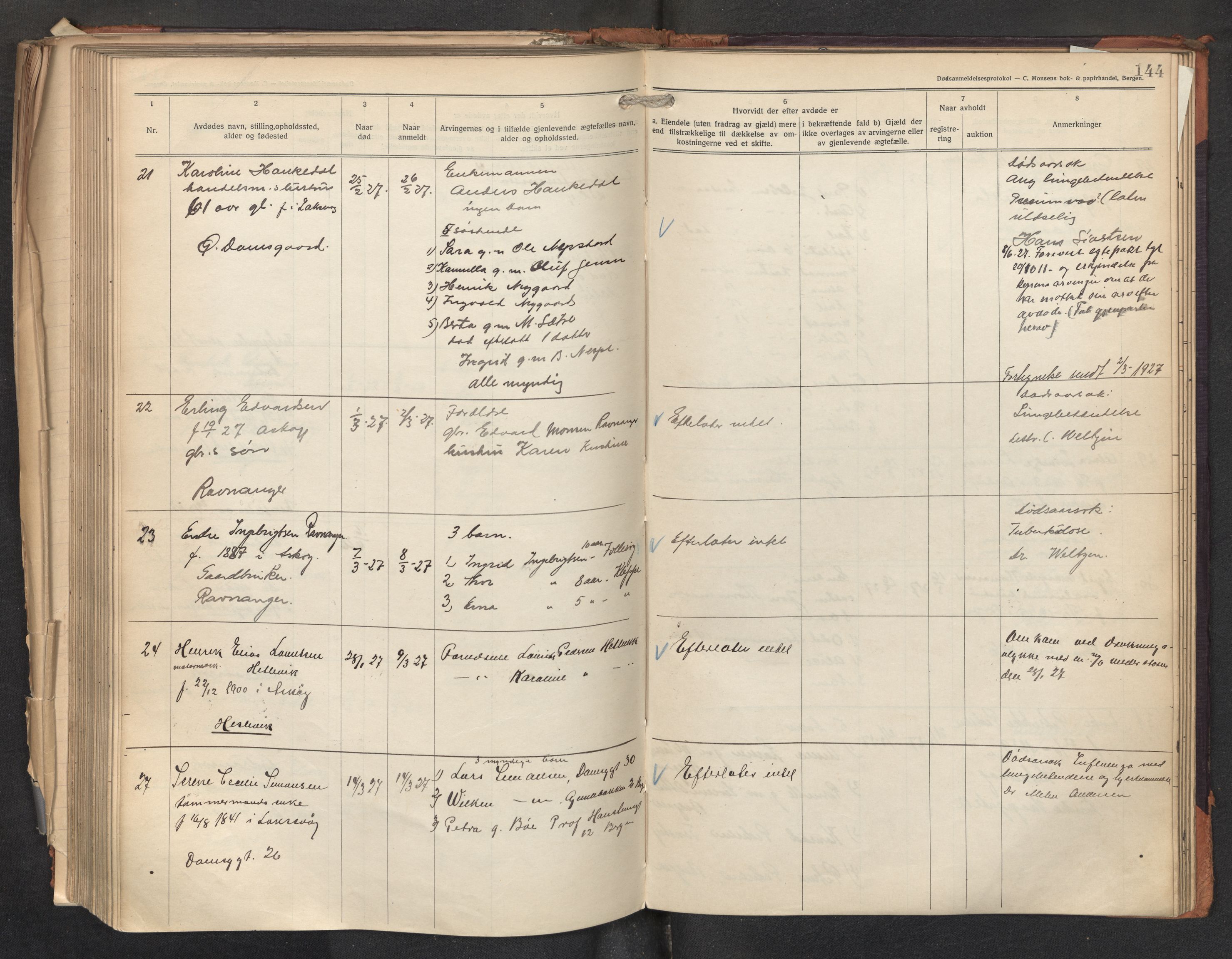 Lensmannen i Askøy, AV/SAB-A-31001/0006/L0002: Dødsfallprotokoll med register , 1921-1928, p. 144