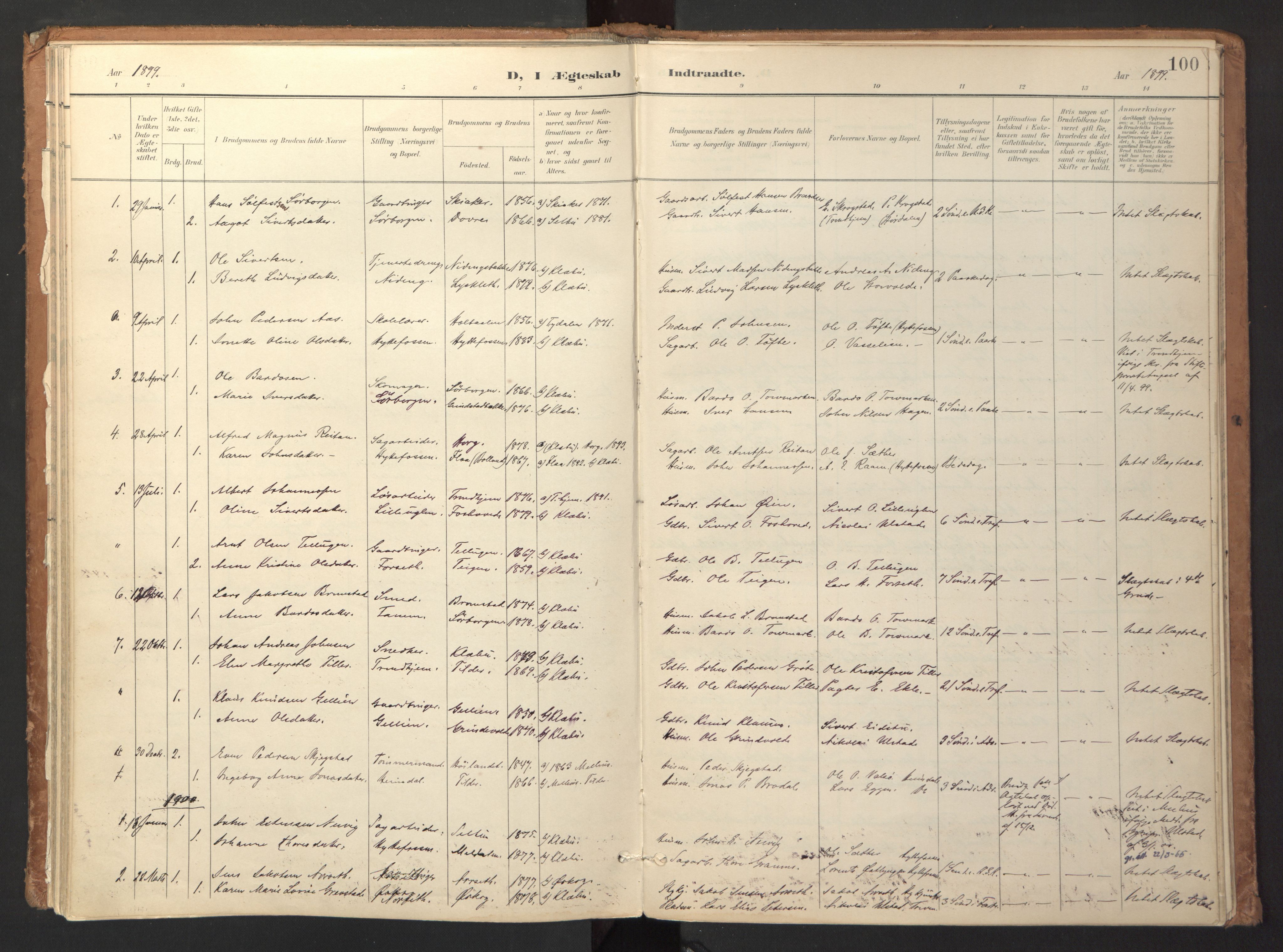 Ministerialprotokoller, klokkerbøker og fødselsregistre - Sør-Trøndelag, AV/SAT-A-1456/618/L0448: Parish register (official) no. 618A11, 1898-1916, p. 100