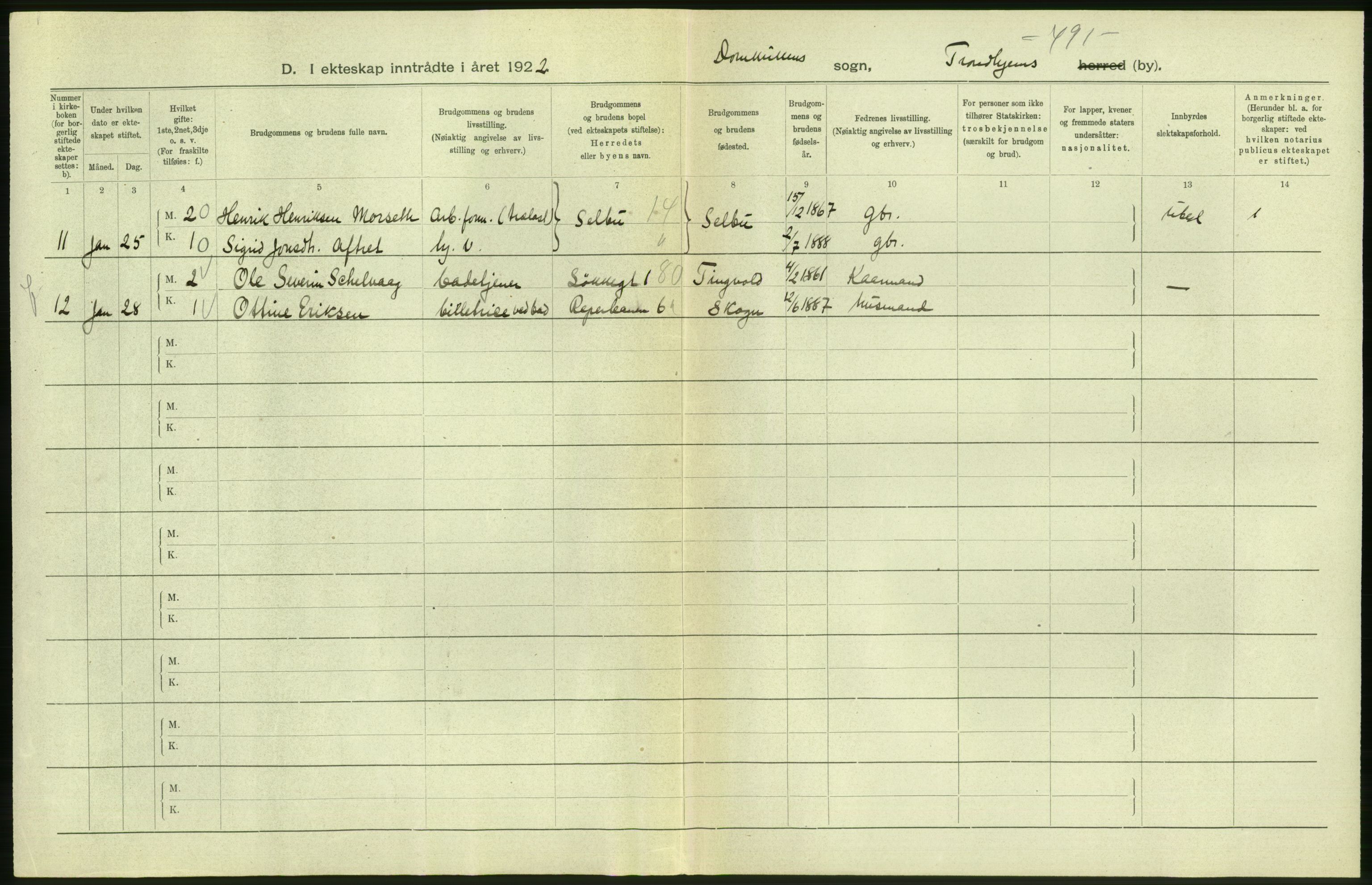 Statistisk sentralbyrå, Sosiodemografiske emner, Befolkning, AV/RA-S-2228/D/Df/Dfc/Dfcb/L0040: Trondheim: Gifte, døde, dødfødte., 1922, p. 6