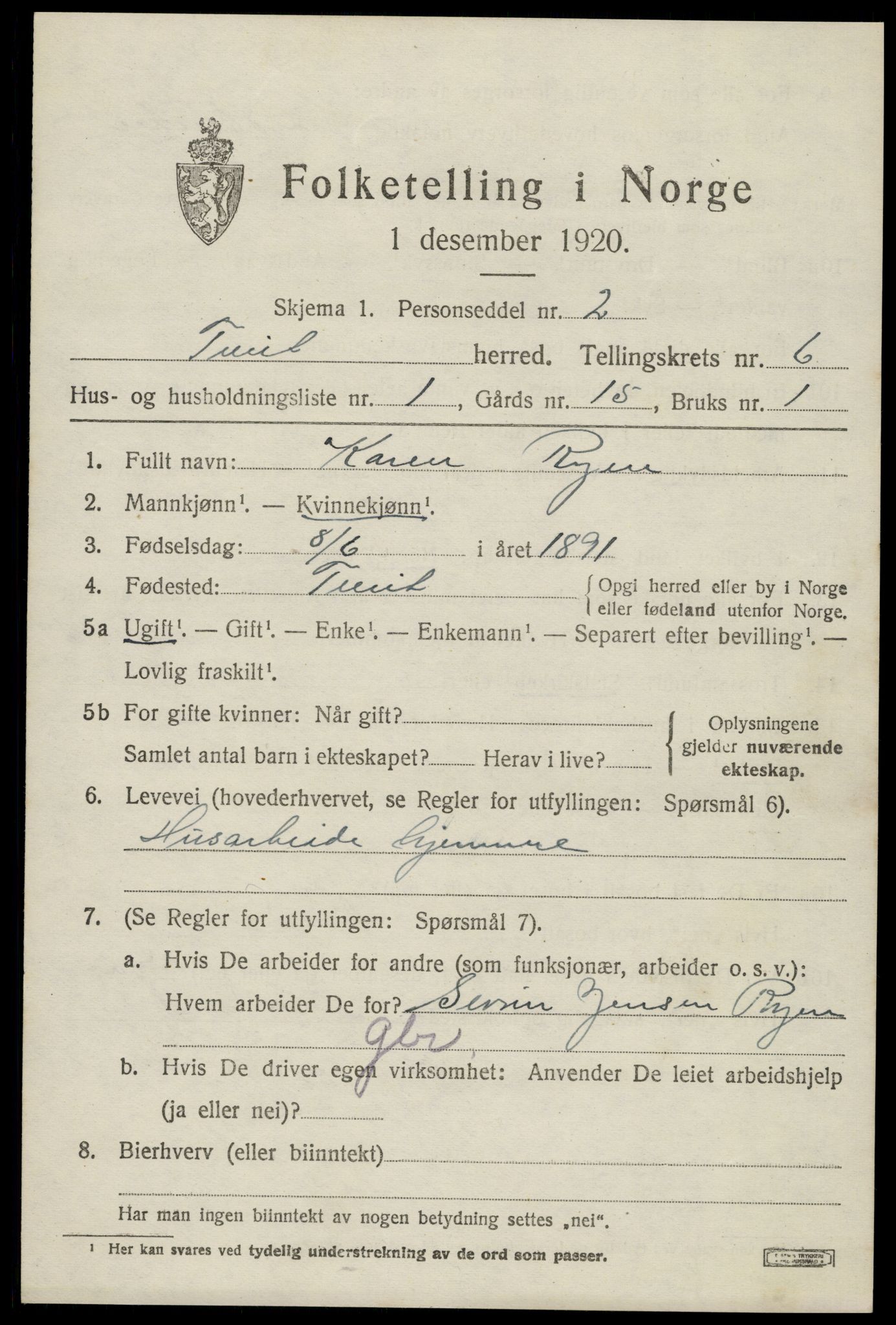 SAK, 1920 census for Tveit, 1920, p. 2760