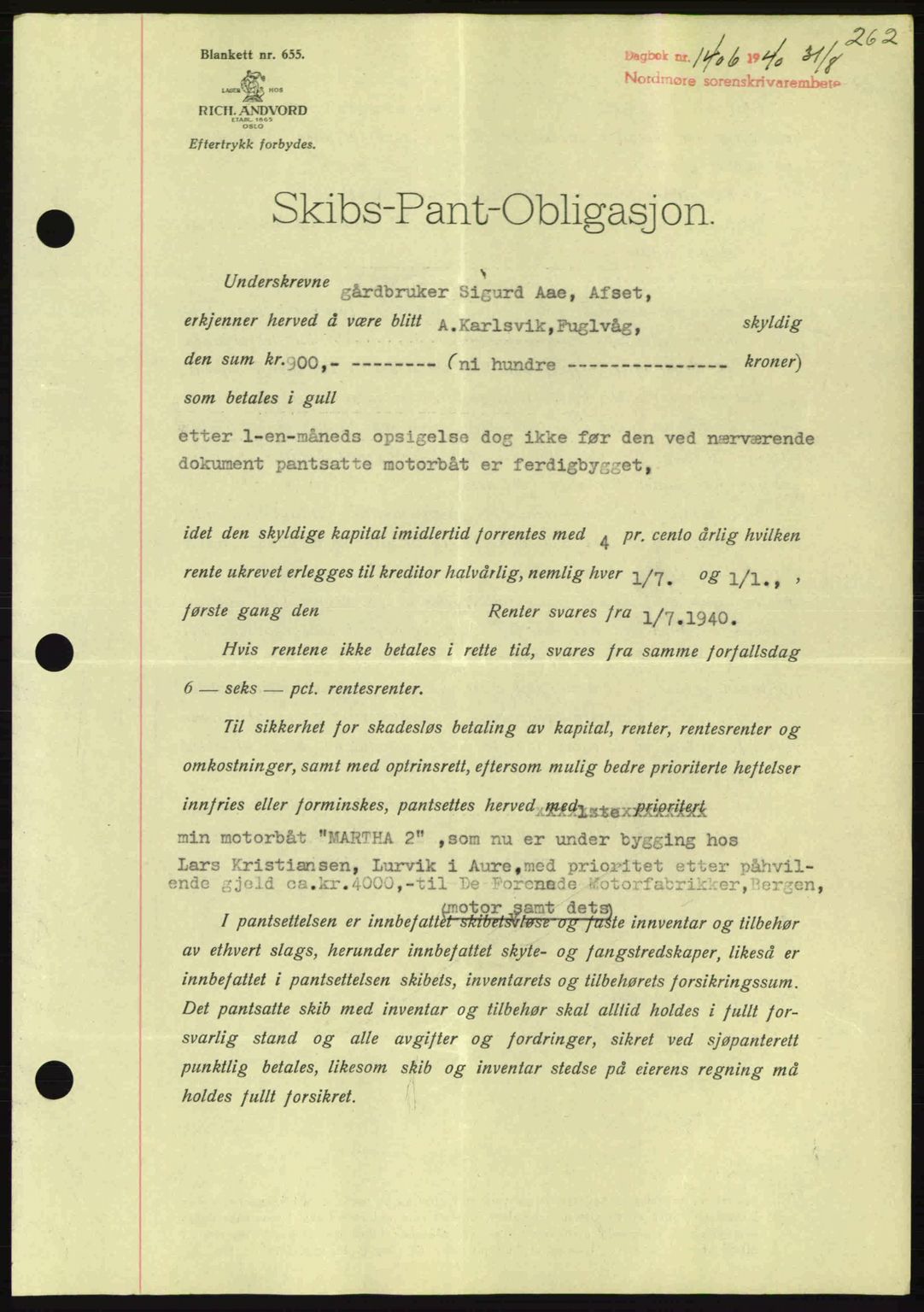 Nordmøre sorenskriveri, AV/SAT-A-4132/1/2/2Ca: Mortgage book no. B87, 1940-1941, Diary no: : 1406/1940