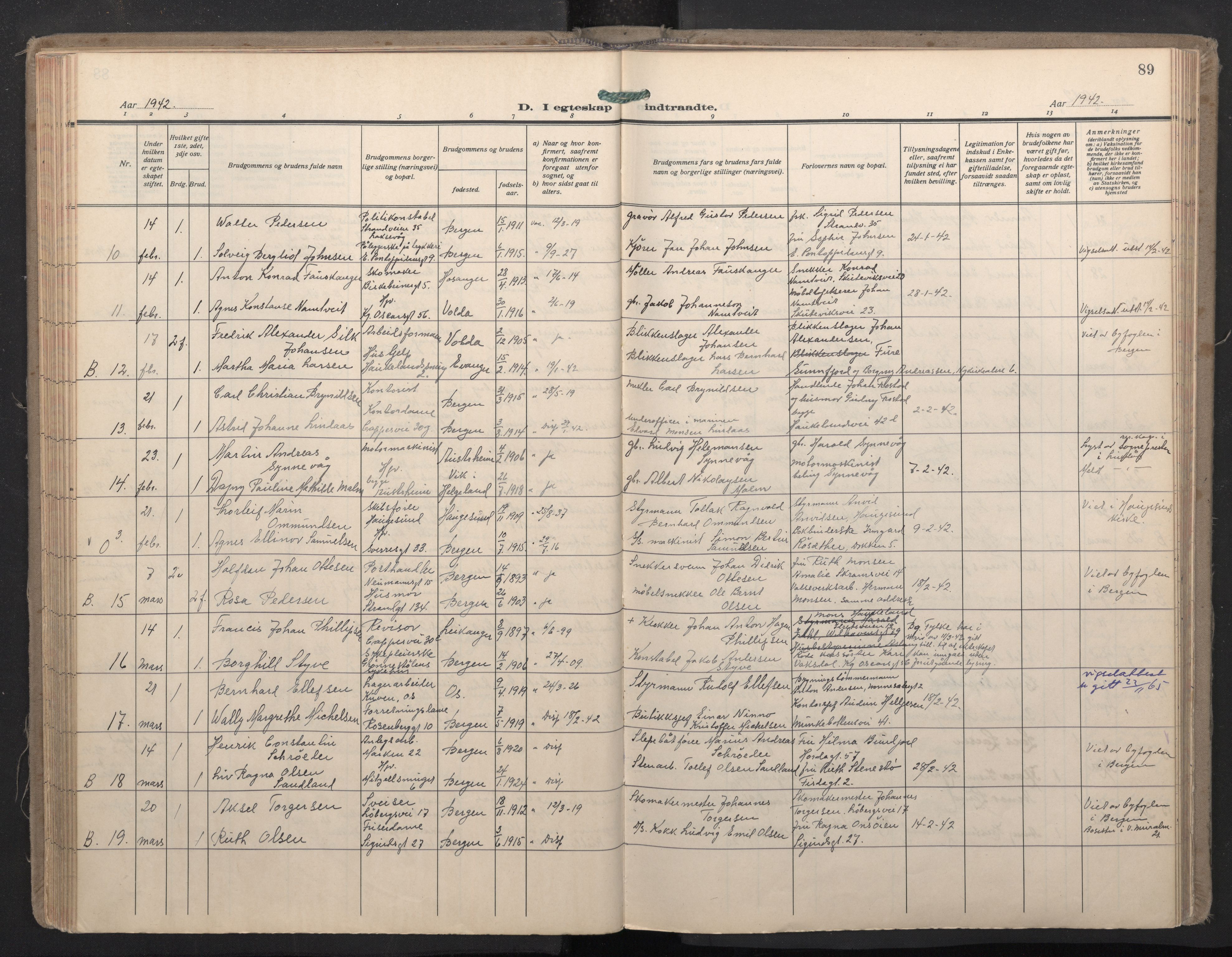 Domkirken sokneprestembete, SAB/A-74801/H/Haa: Parish register (official) no. D 7, 1937-1950, p. 88b-89a