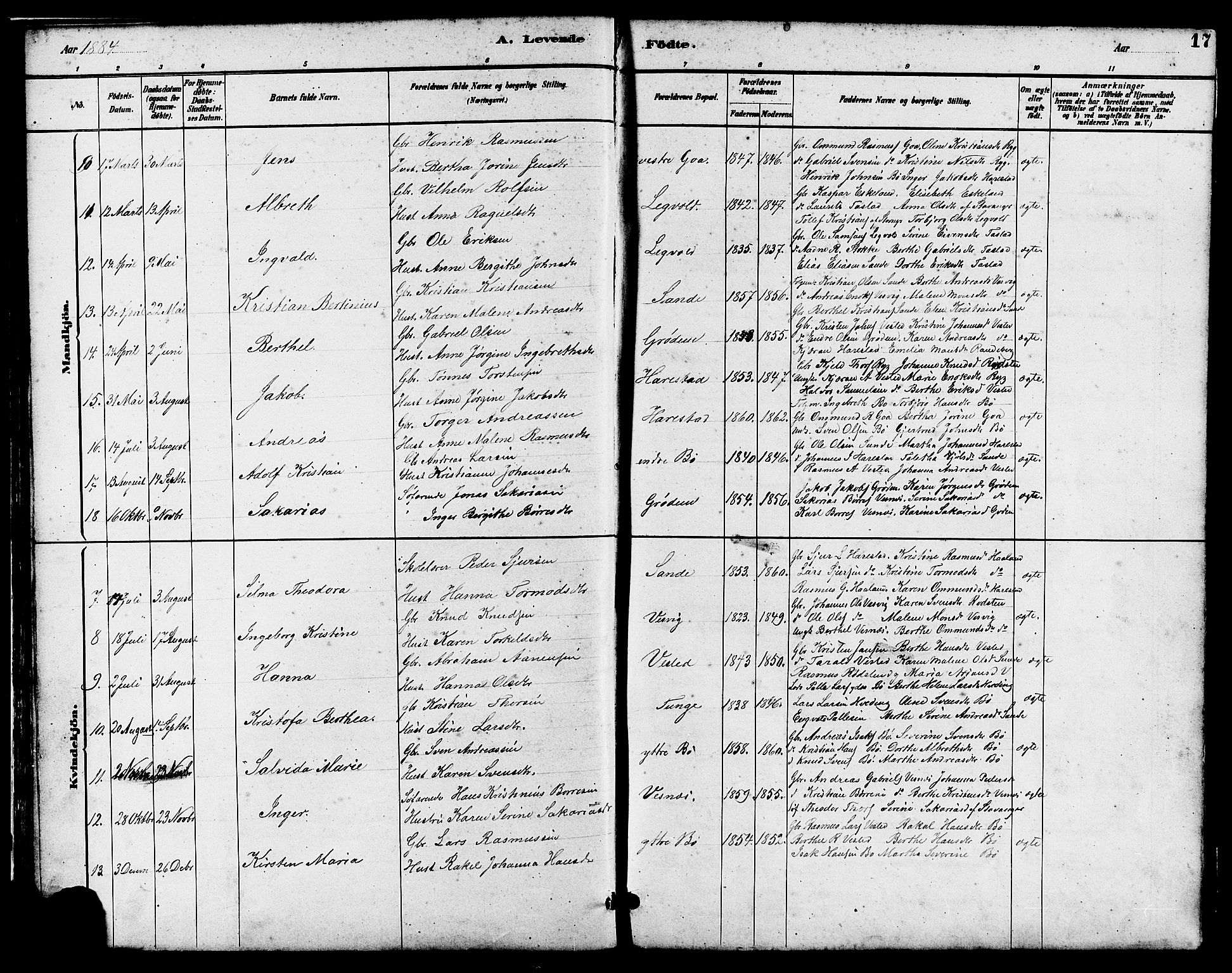 Hetland sokneprestkontor, AV/SAST-A-101826/30/30BB/L0006: Parish register (copy) no. B 6, 1878-1921, p. 17