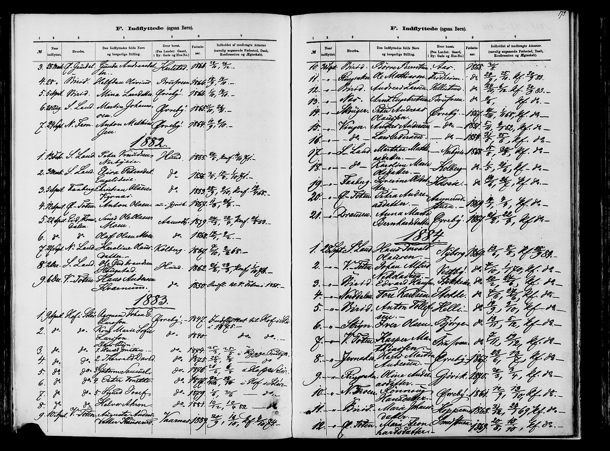 Vardal prestekontor, SAH/PREST-100/H/Ha/Haa/L0009: Parish register (official) no. 9, 1878-1892, p. 179