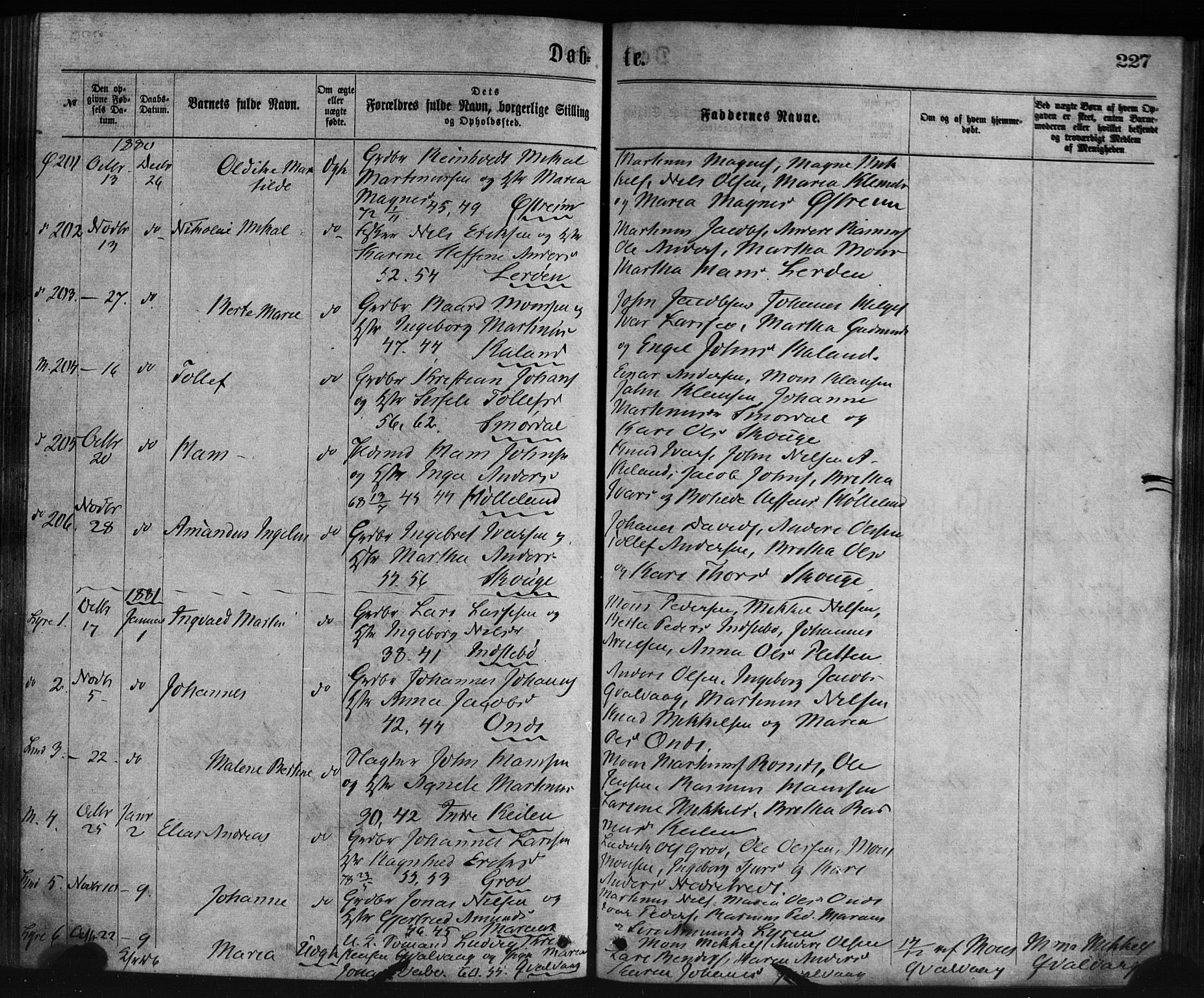 Lindås Sokneprestembete, SAB/A-76701/H/Haa: Parish register (official) no. A 18, 1869-1885, p. 227