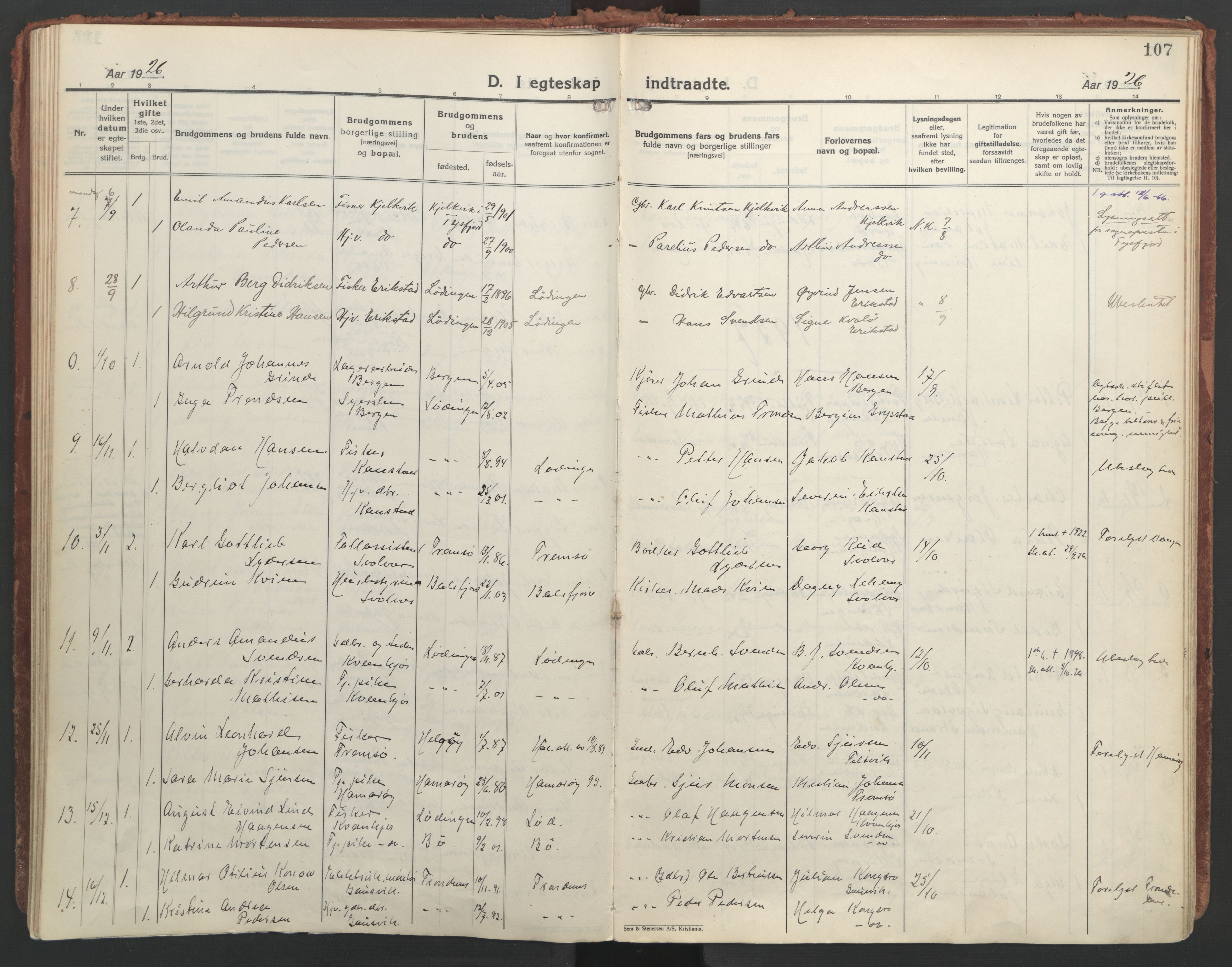 Ministerialprotokoller, klokkerbøker og fødselsregistre - Nordland, AV/SAT-A-1459/872/L1043: Parish register (official) no. 872A18, 1925-1939, p. 107