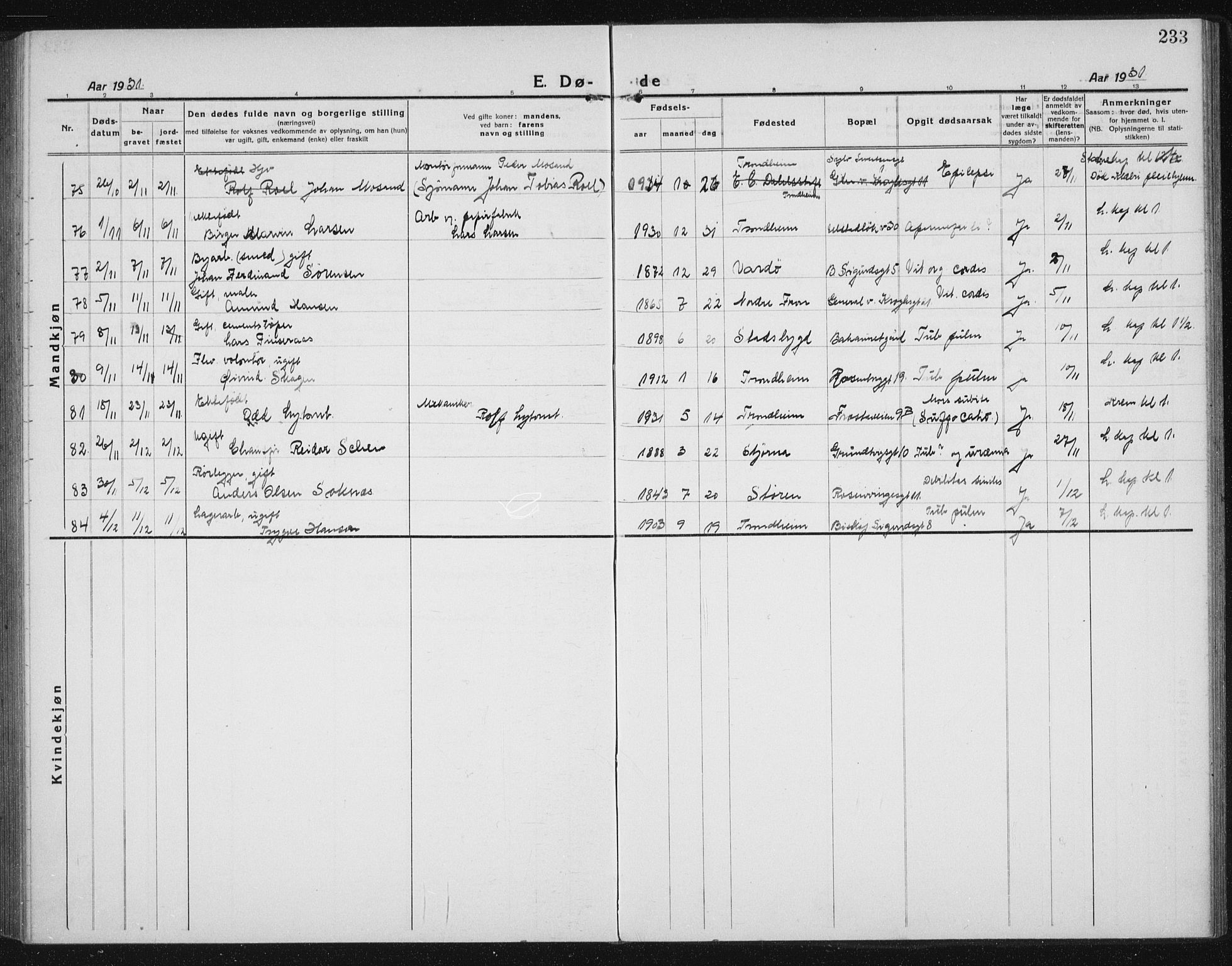 Ministerialprotokoller, klokkerbøker og fødselsregistre - Sør-Trøndelag, SAT/A-1456/605/L0260: Parish register (copy) no. 605C07, 1922-1942, p. 233