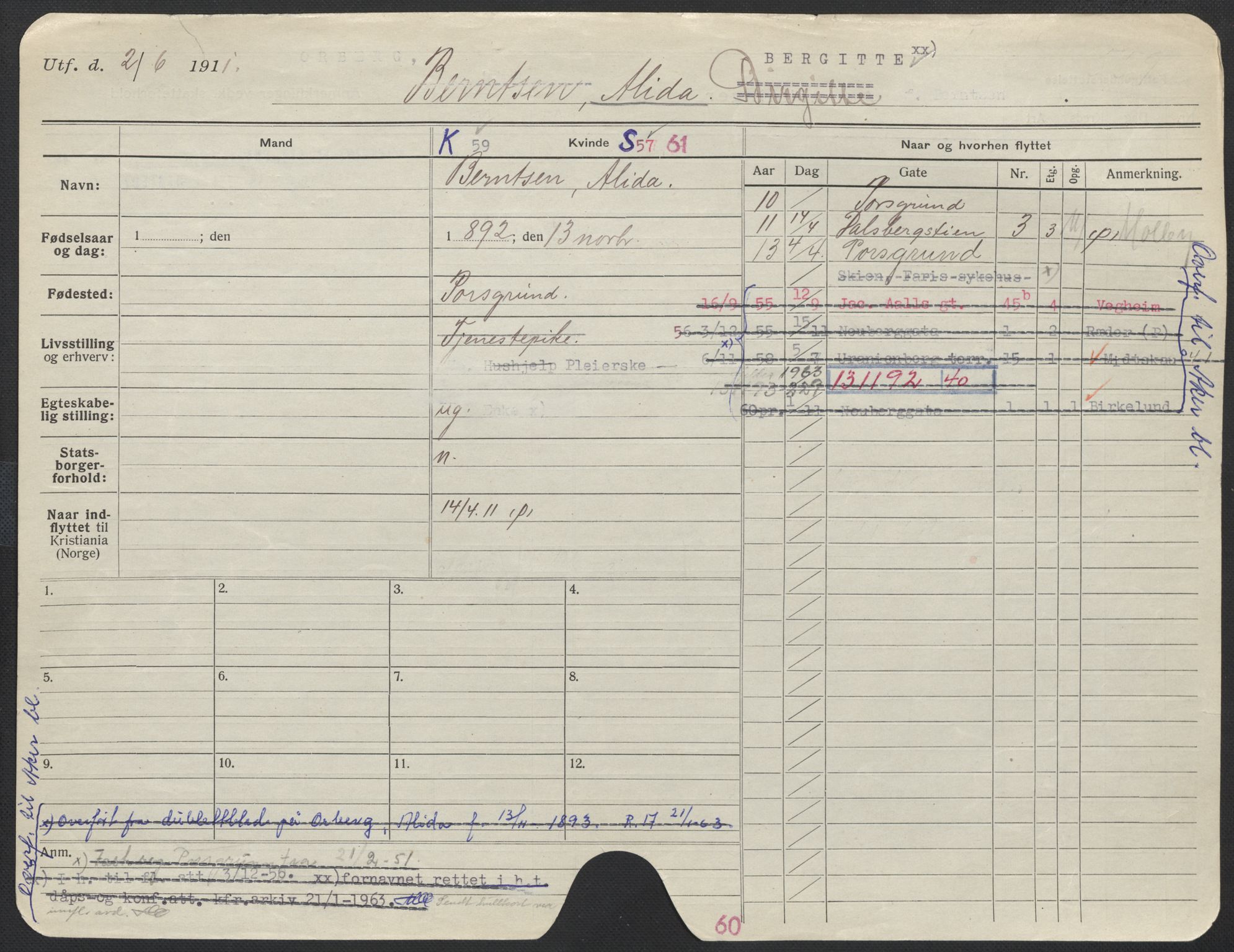 Oslo folkeregister, Registerkort, AV/SAO-A-11715/F/Fa/Fac/L0013: Kvinner, 1906-1914, p. 278a