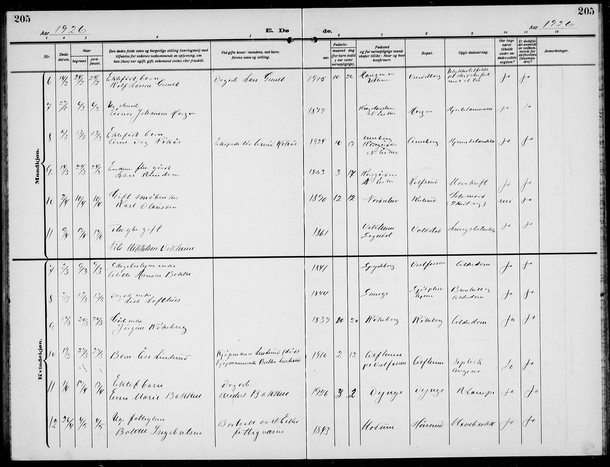 Eiker kirkebøker, AV/SAKO-A-4/G/Ga/L0010: Parish register (copy) no. I 10, 1925-1934, p. 205