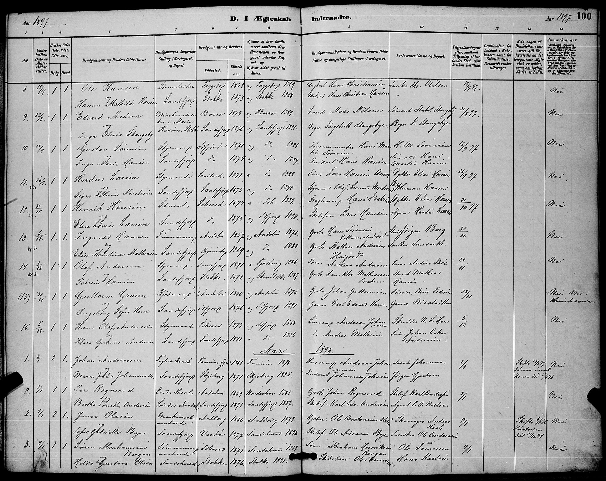 Sandefjord kirkebøker, AV/SAKO-A-315/G/Ga/L0001: Parish register (copy) no. 1, 1885-1903, p. 190