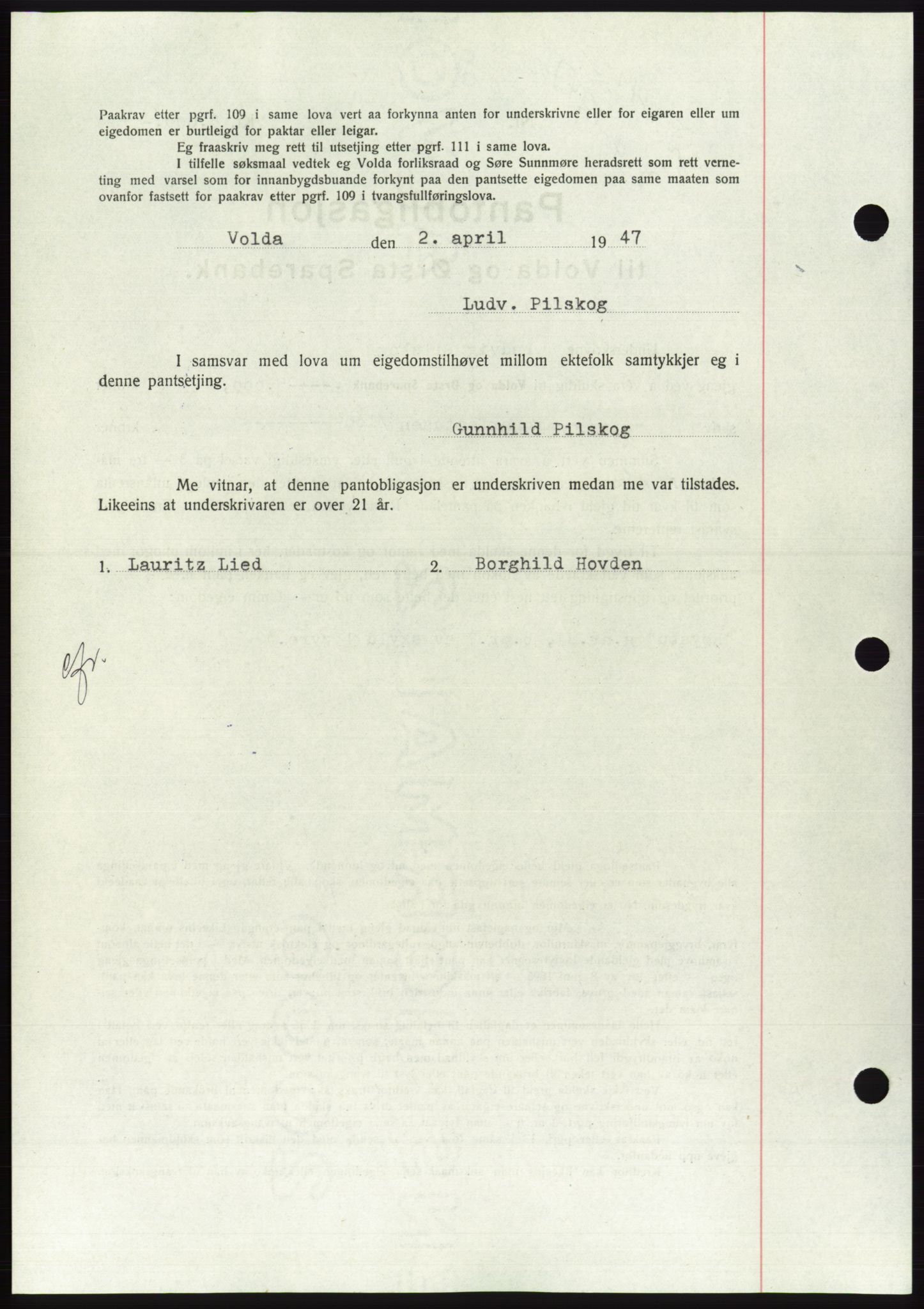 Søre Sunnmøre sorenskriveri, AV/SAT-A-4122/1/2/2C/L0114: Mortgage book no. 1-2B, 1943-1947, Diary no: : 449/1947