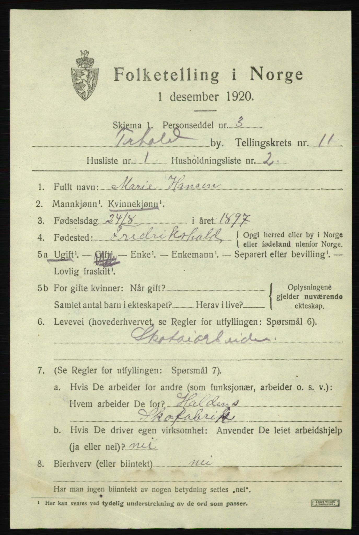 SAO, 1920 census for Fredrikshald, 1920, p. 18737