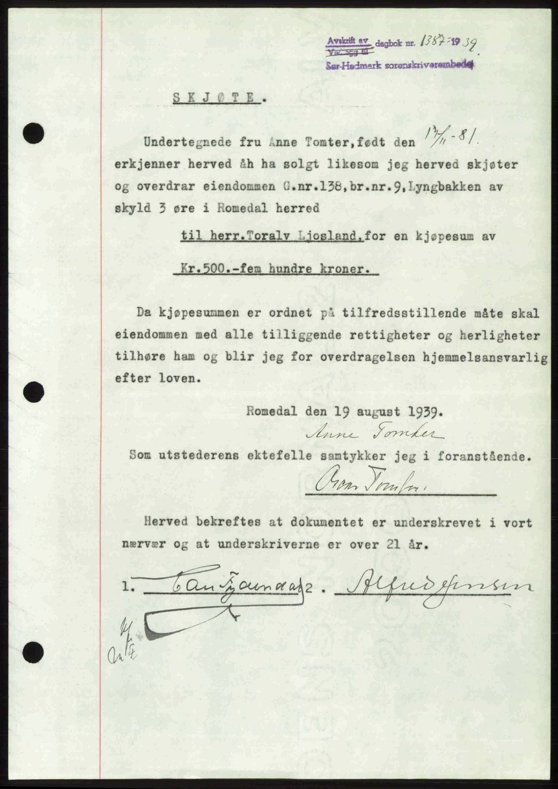 Sør-Hedmark sorenskriveri, AV/SAH-TING-014/H/Hb/Hbd/L0005: Mortgage book no. 5, 1939-1939, Diary no: : 1387/1939