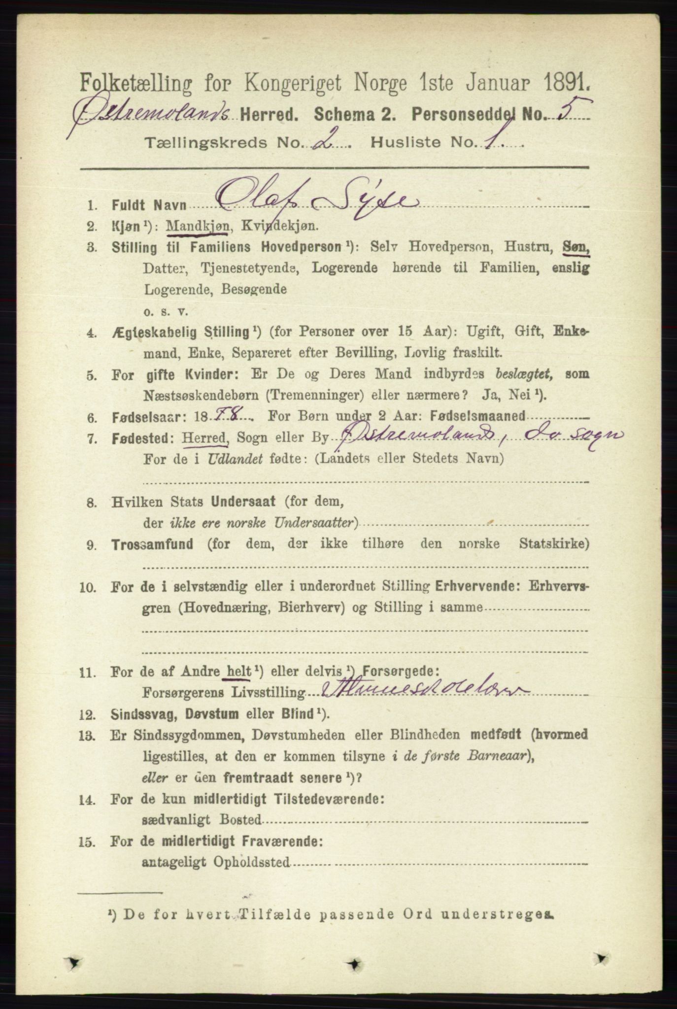 RA, 1891 census for 0918 Austre Moland, 1891, p. 677