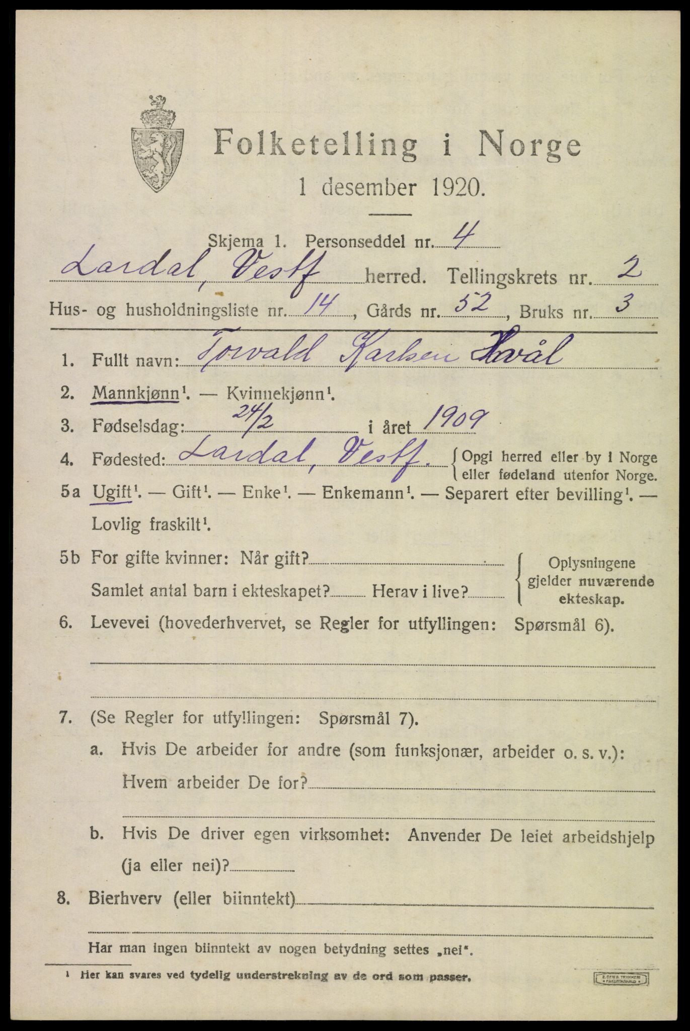 SAKO, 1920 census for Lardal, 1920, p. 2137