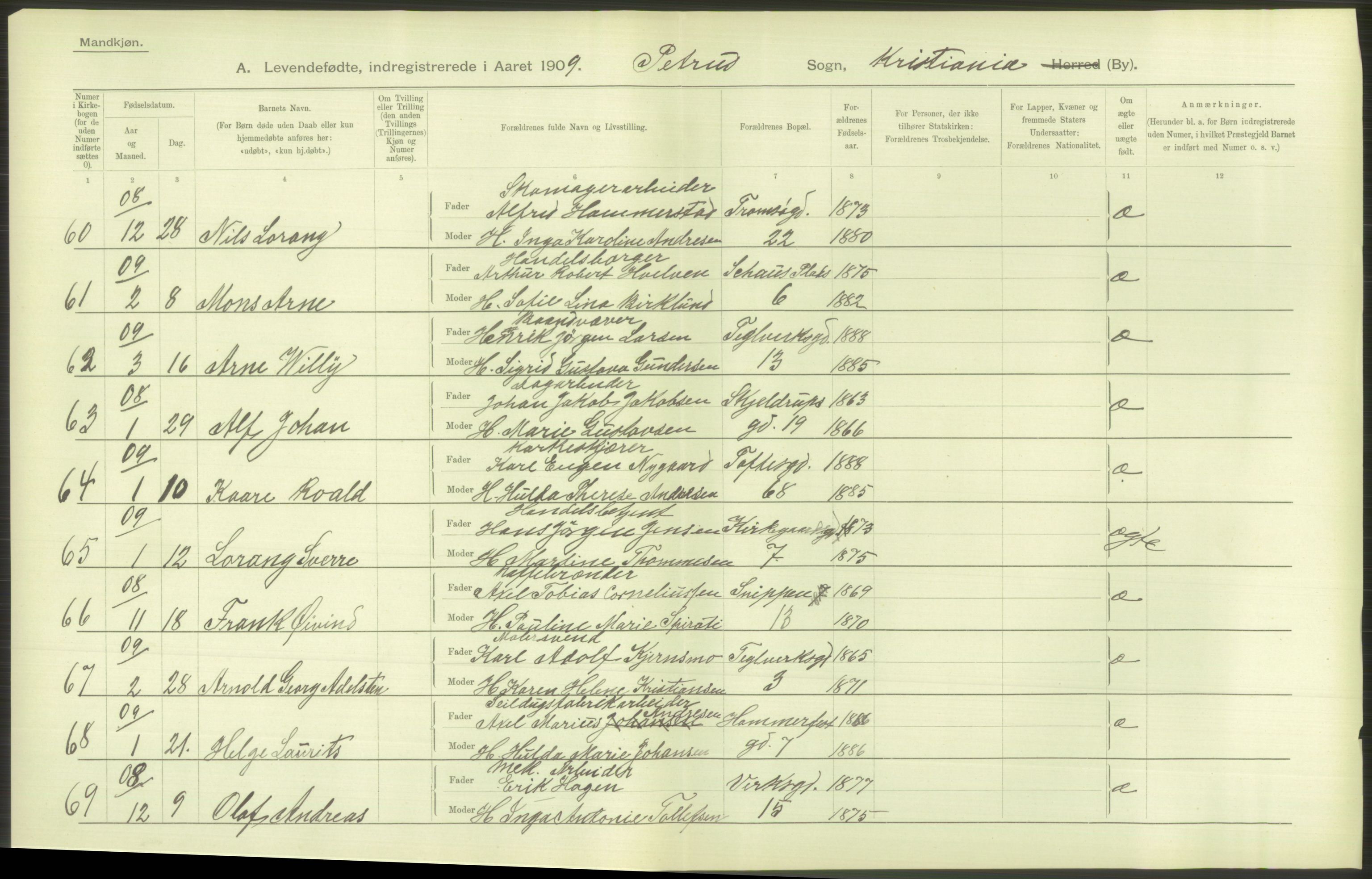 Statistisk sentralbyrå, Sosiodemografiske emner, Befolkning, AV/RA-S-2228/D/Df/Dfa/Dfag/L0007: Kristiania: Levendefødte menn og kvinner., 1909, p. 200