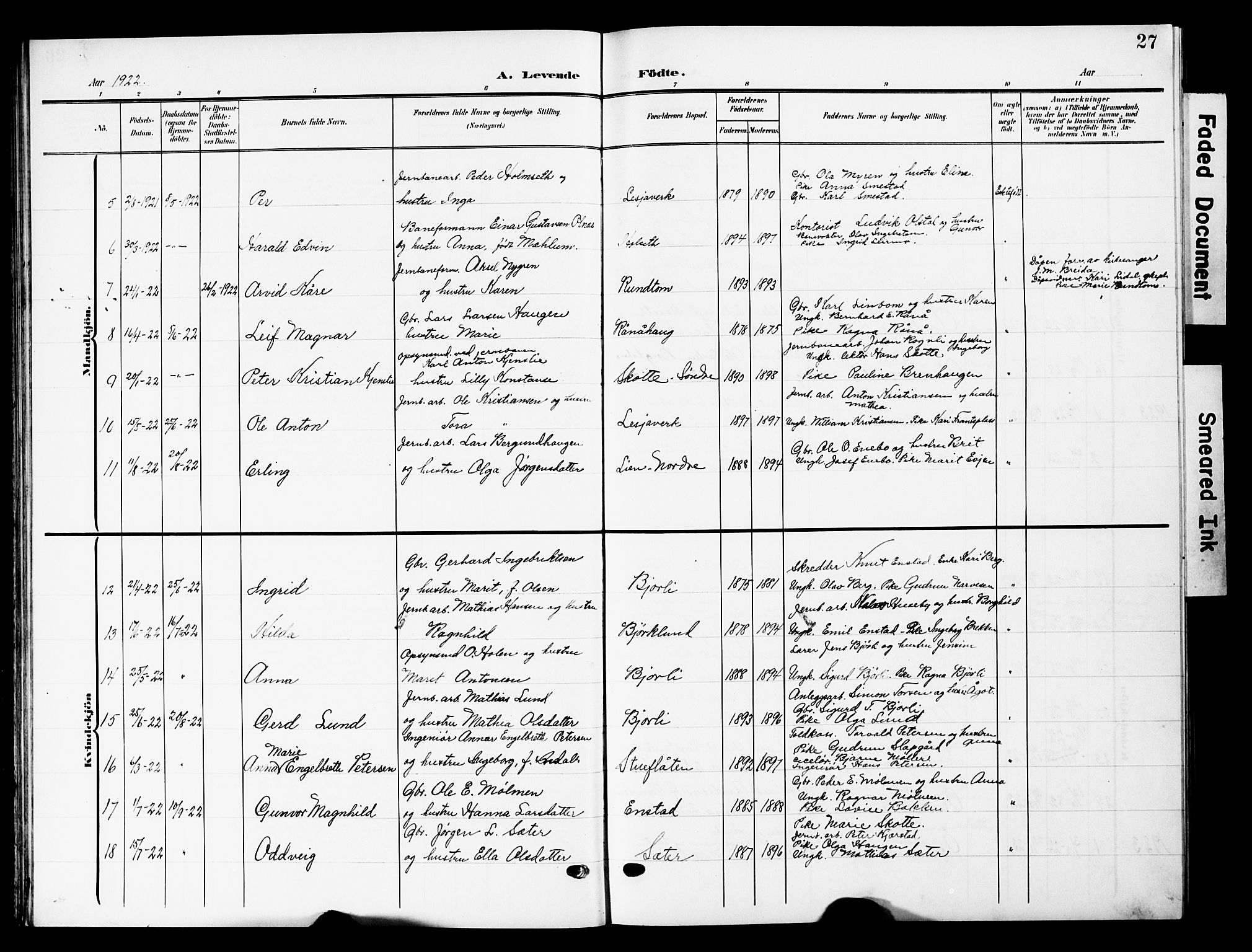 Lesja prestekontor, SAH/PREST-068/H/Ha/Hab/L0008: Parish register (copy) no. 8, 1905-1931, p. 27