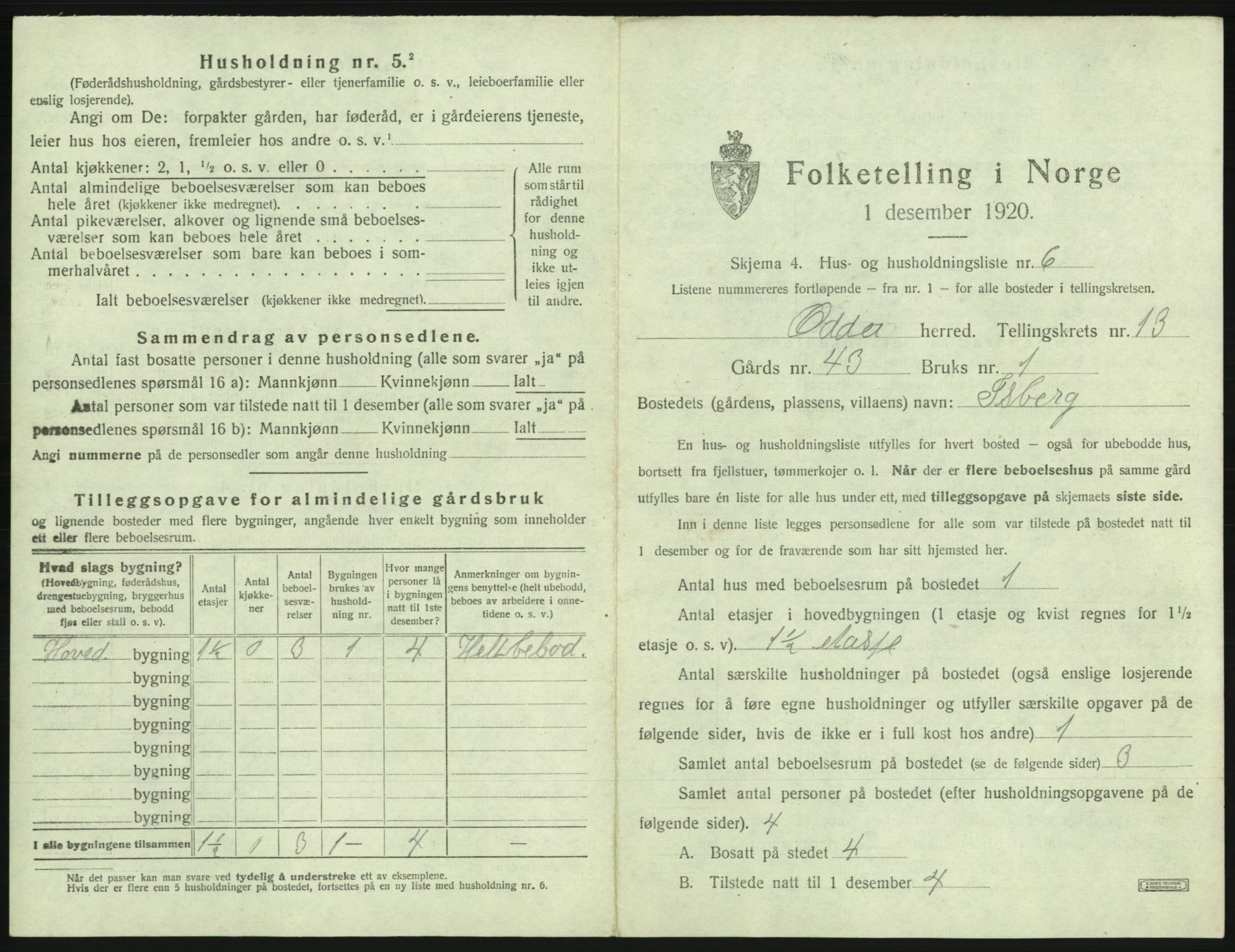 SAB, 1920 census for Odda, 1920, p. 1143