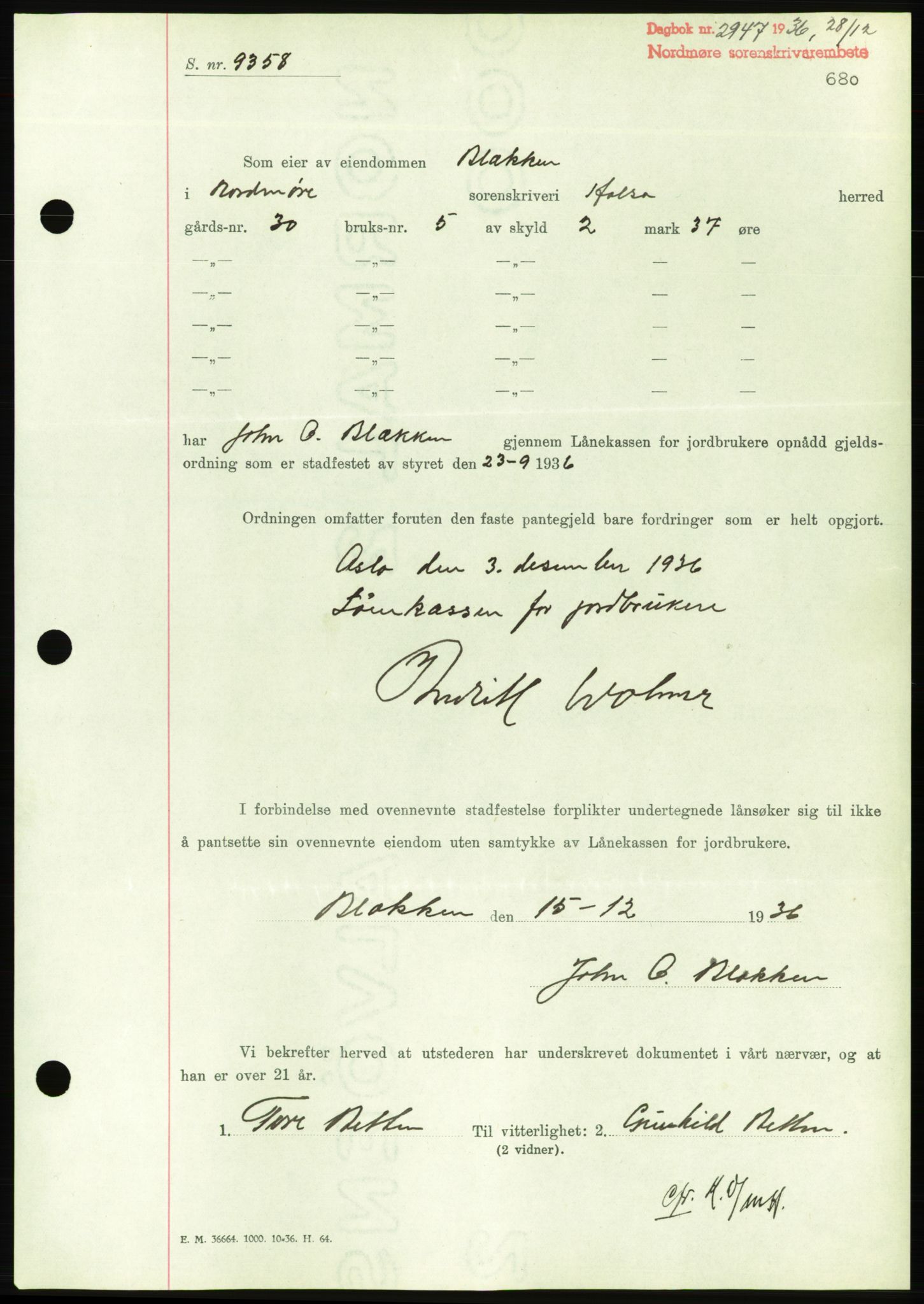 Nordmøre sorenskriveri, AV/SAT-A-4132/1/2/2Ca/L0090: Mortgage book no. B80, 1936-1937, Diary no: : 2947/1936