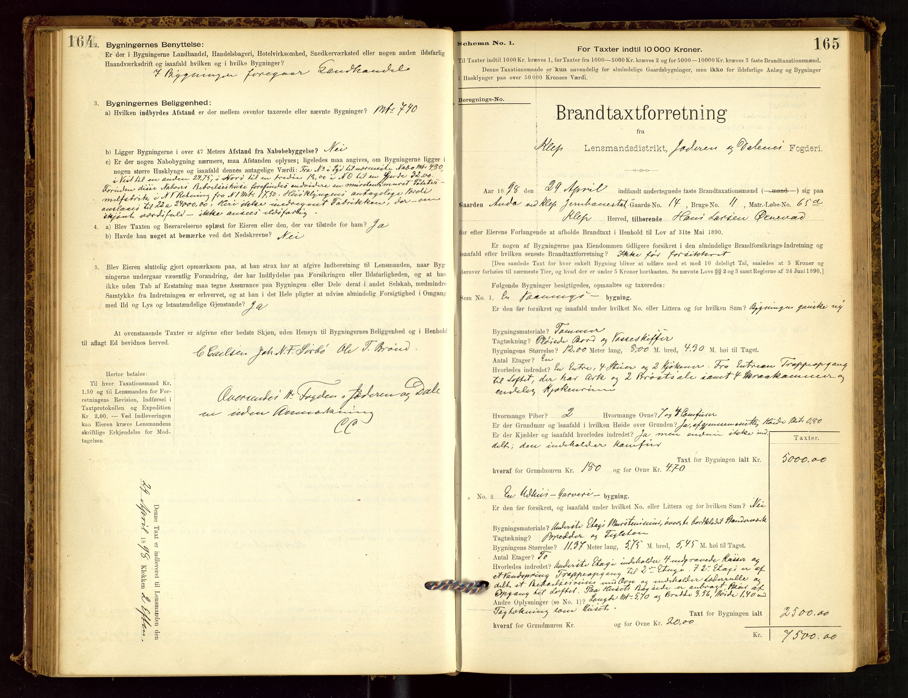 Klepp lensmannskontor, SAST/A-100163/Goc/L0001: "Brandtaxationsprotokol" m/register, 1895-1898, p. 164-165