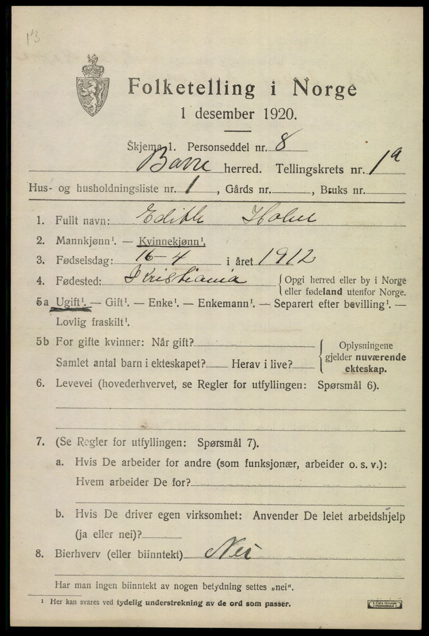 SAKO, 1920 census for Borre, 1920, p. 1392