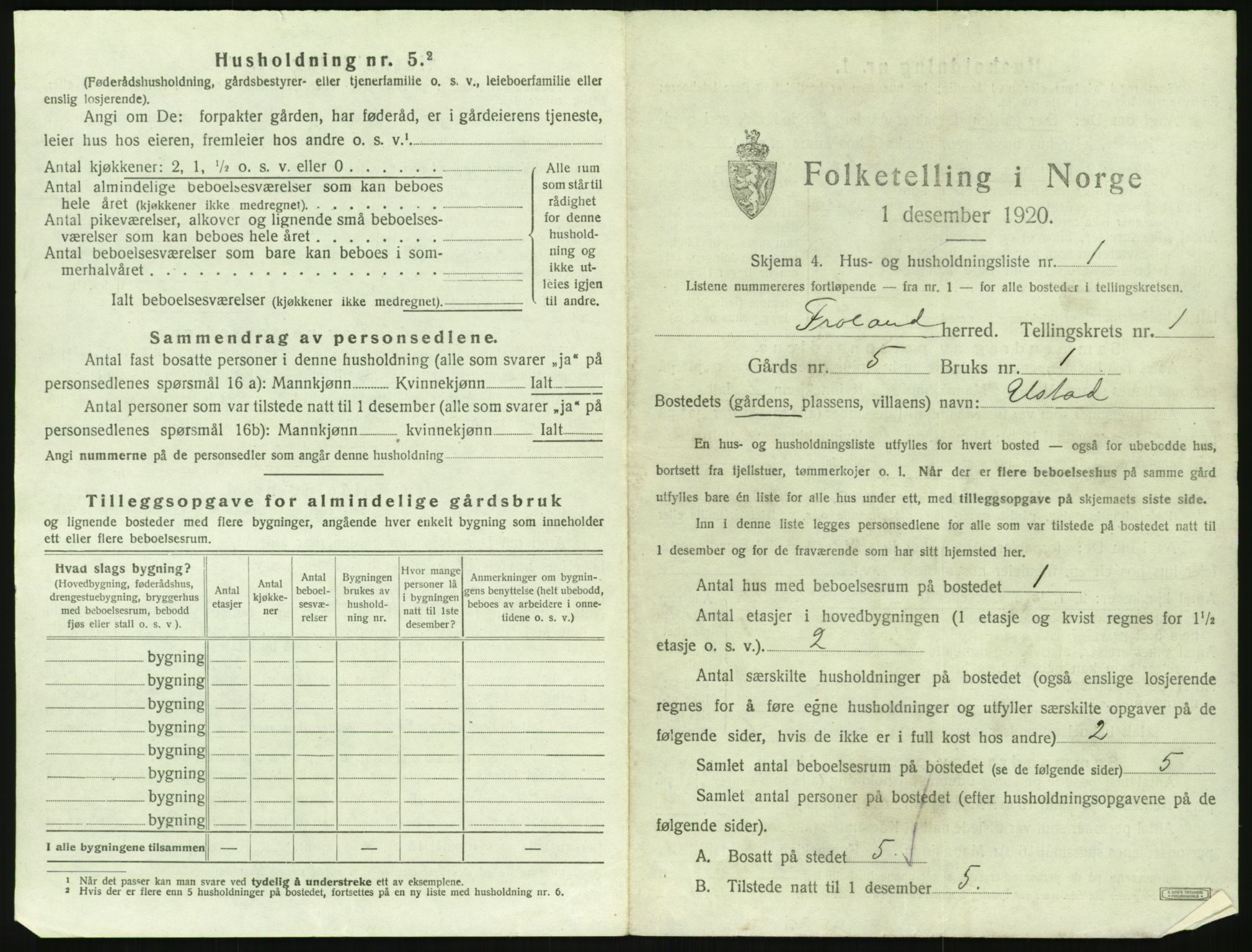 SAK, 1920 census for Froland, 1920, p. 43