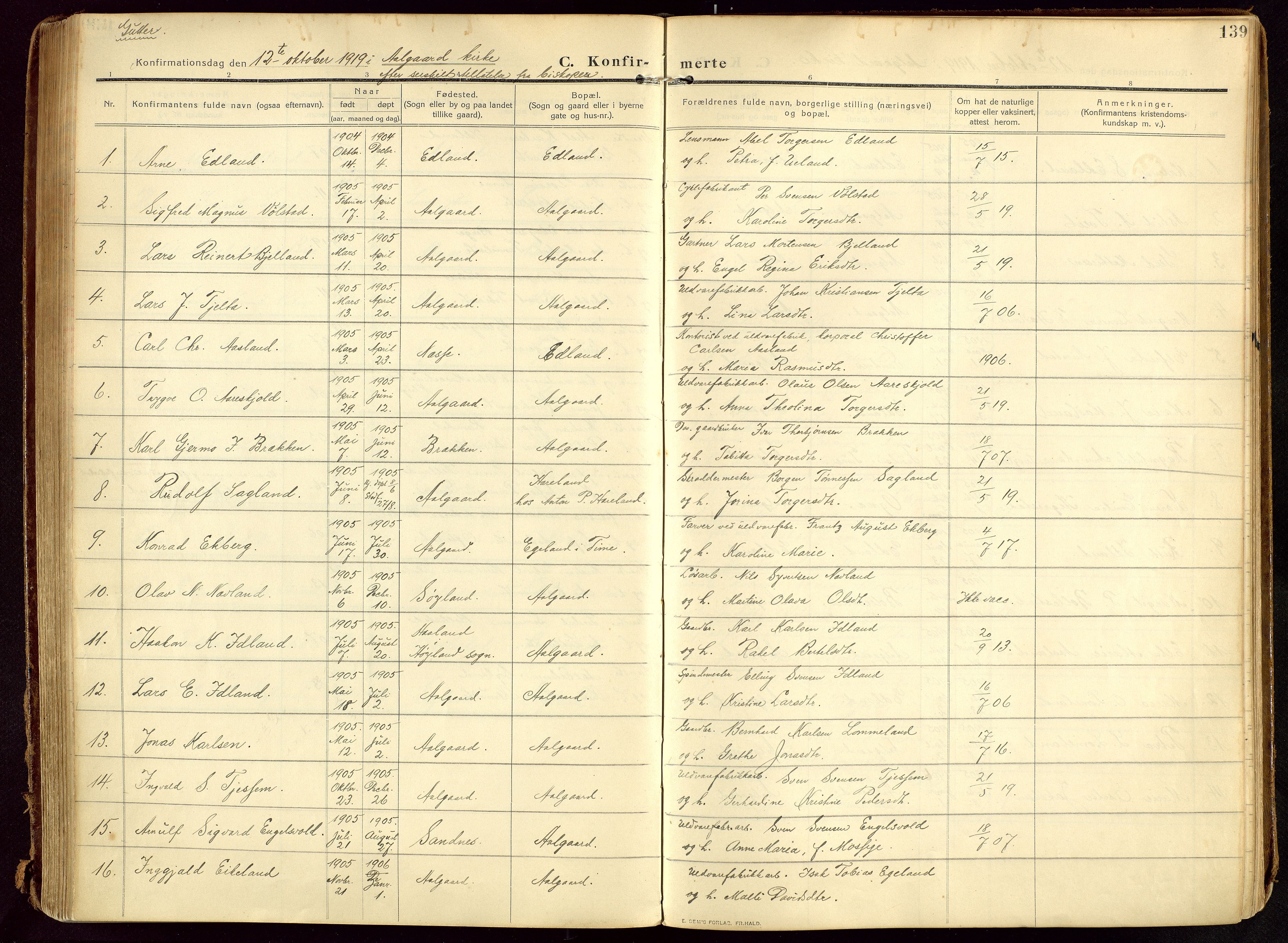 Lye sokneprestkontor, AV/SAST-A-101794/002/B/L0001: Parish register (official) no. A 13, 1910-1925, p. 139