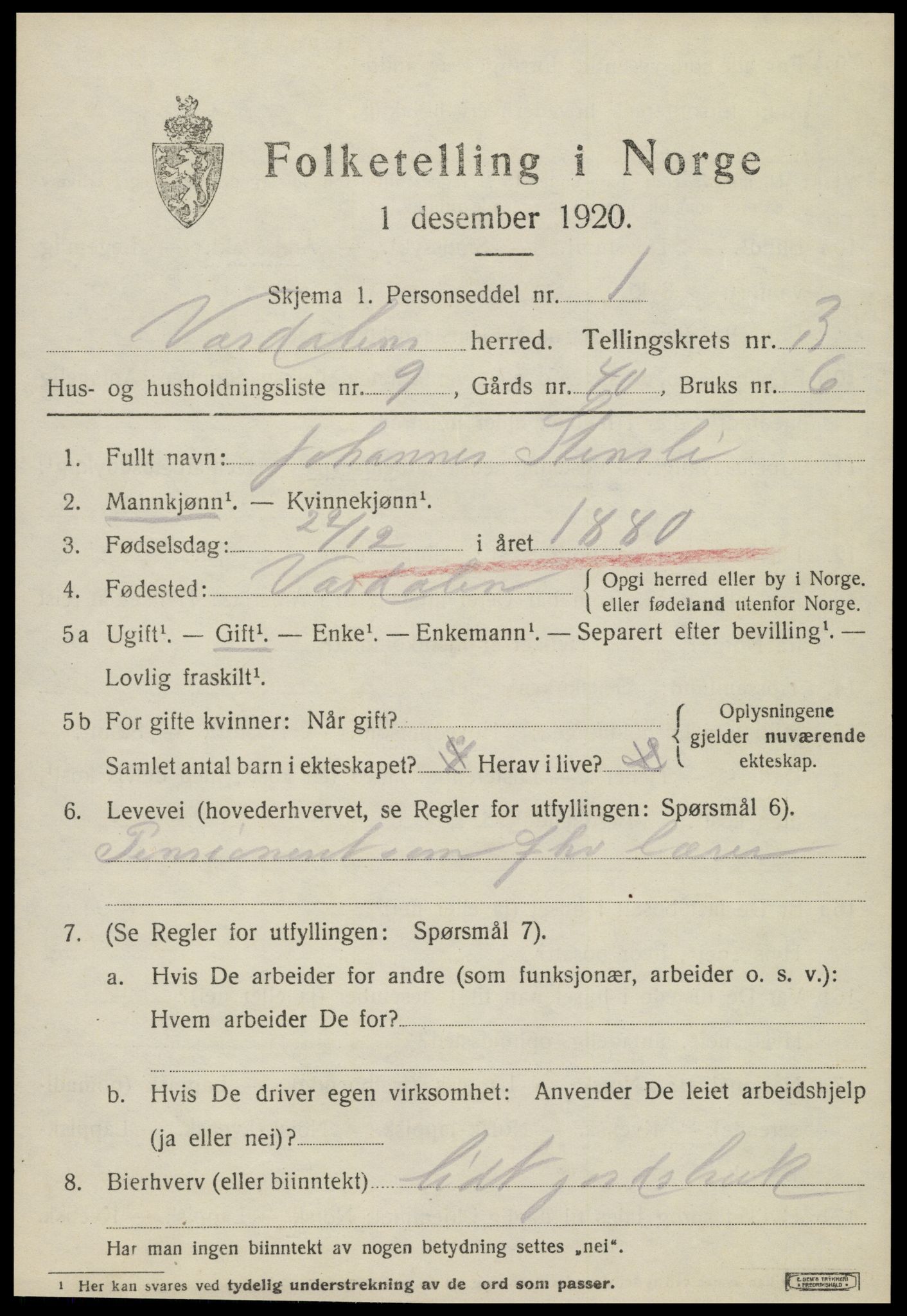 SAT, 1920 census for Verdal, 1920, p. 6773