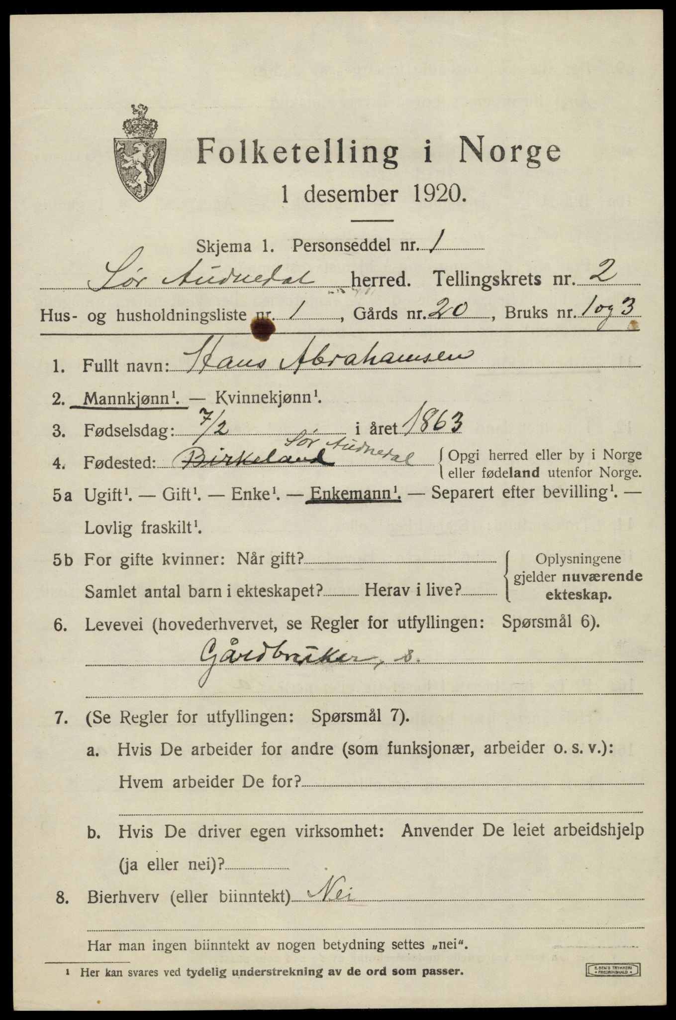 SAK, 1920 census for Sør-Audnedal, 1920, p. 1587