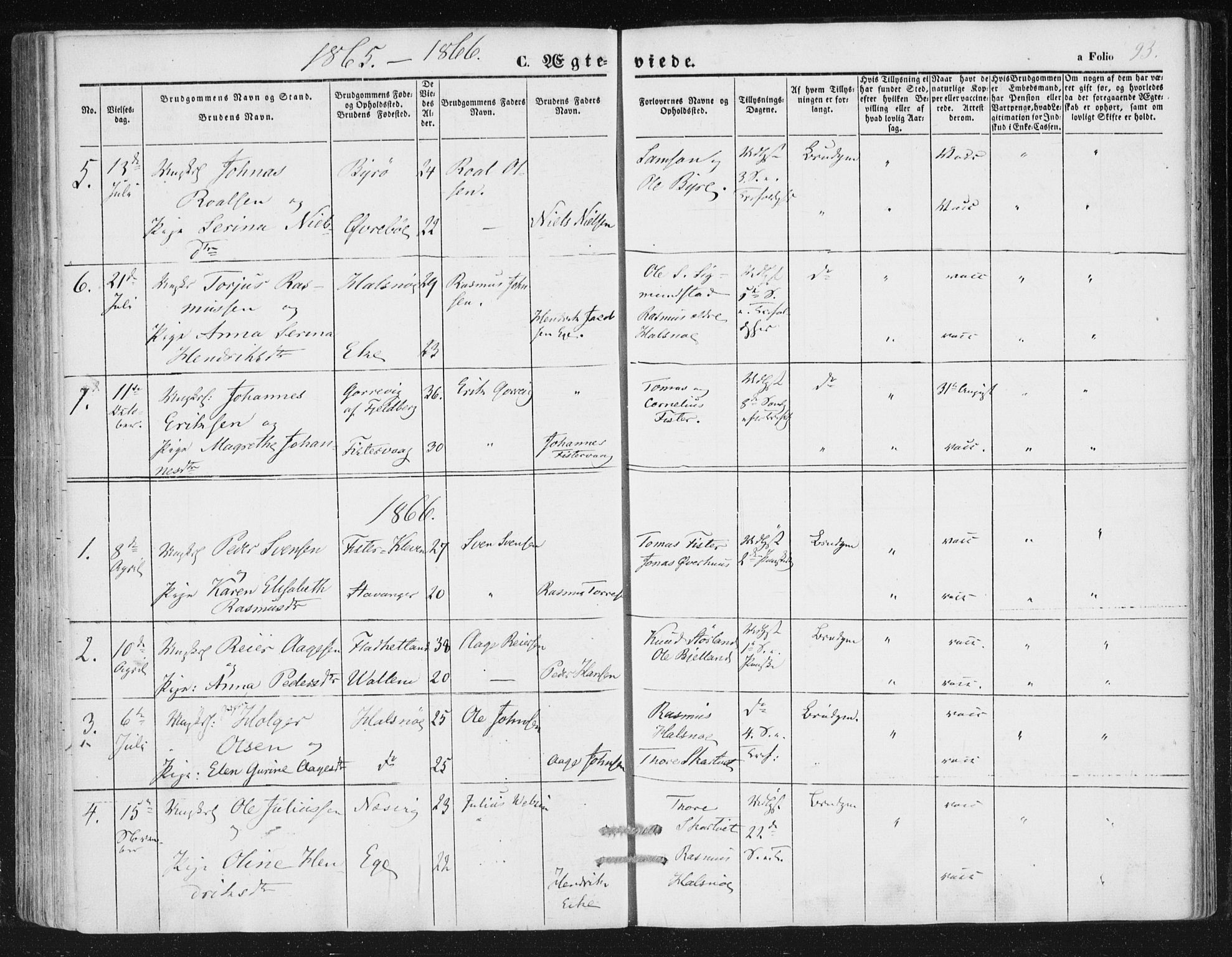 Hjelmeland sokneprestkontor, SAST/A-101843/01/IV/L0010: Parish register (official) no. A 10, 1851-1871, p. 93