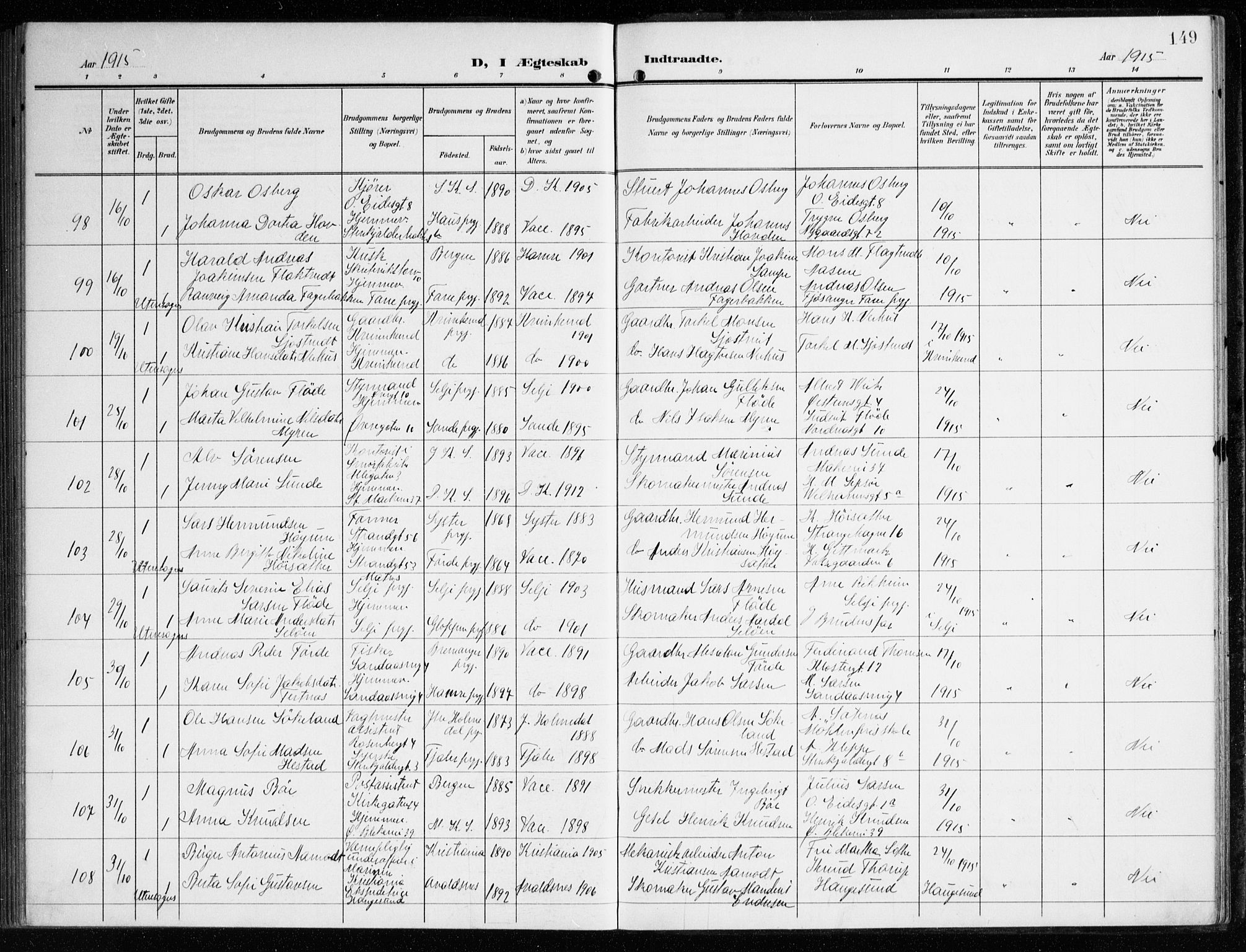 Korskirken sokneprestembete, AV/SAB-A-76101/H/Haa/L0038: Parish register (official) no. D 5, 1904-1919, p. 149