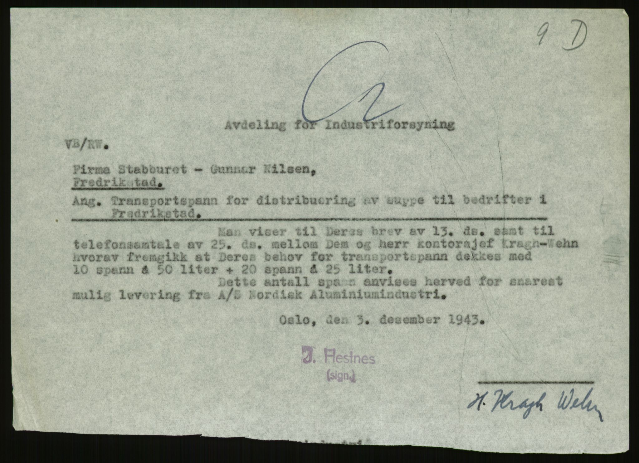 Direktoratet for industriforsyning, Sekretariatet, AV/RA-S-4153/D/Df/L0054: 9. Metallkontoret, 1940-1945, p. 485