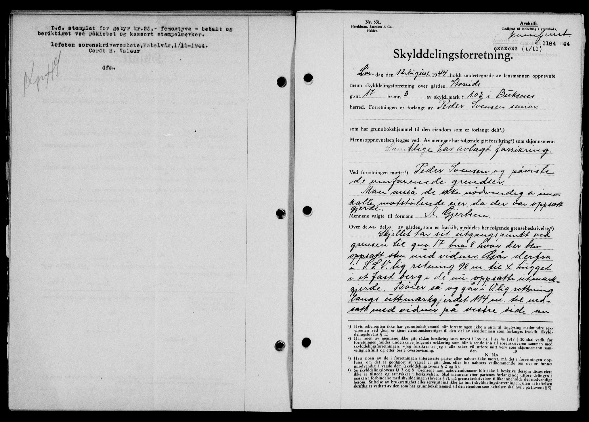 Lofoten sorenskriveri, SAT/A-0017/1/2/2C/L0012a: Mortgage book no. 12a, 1943-1944, Diary no: : 1184/1944
