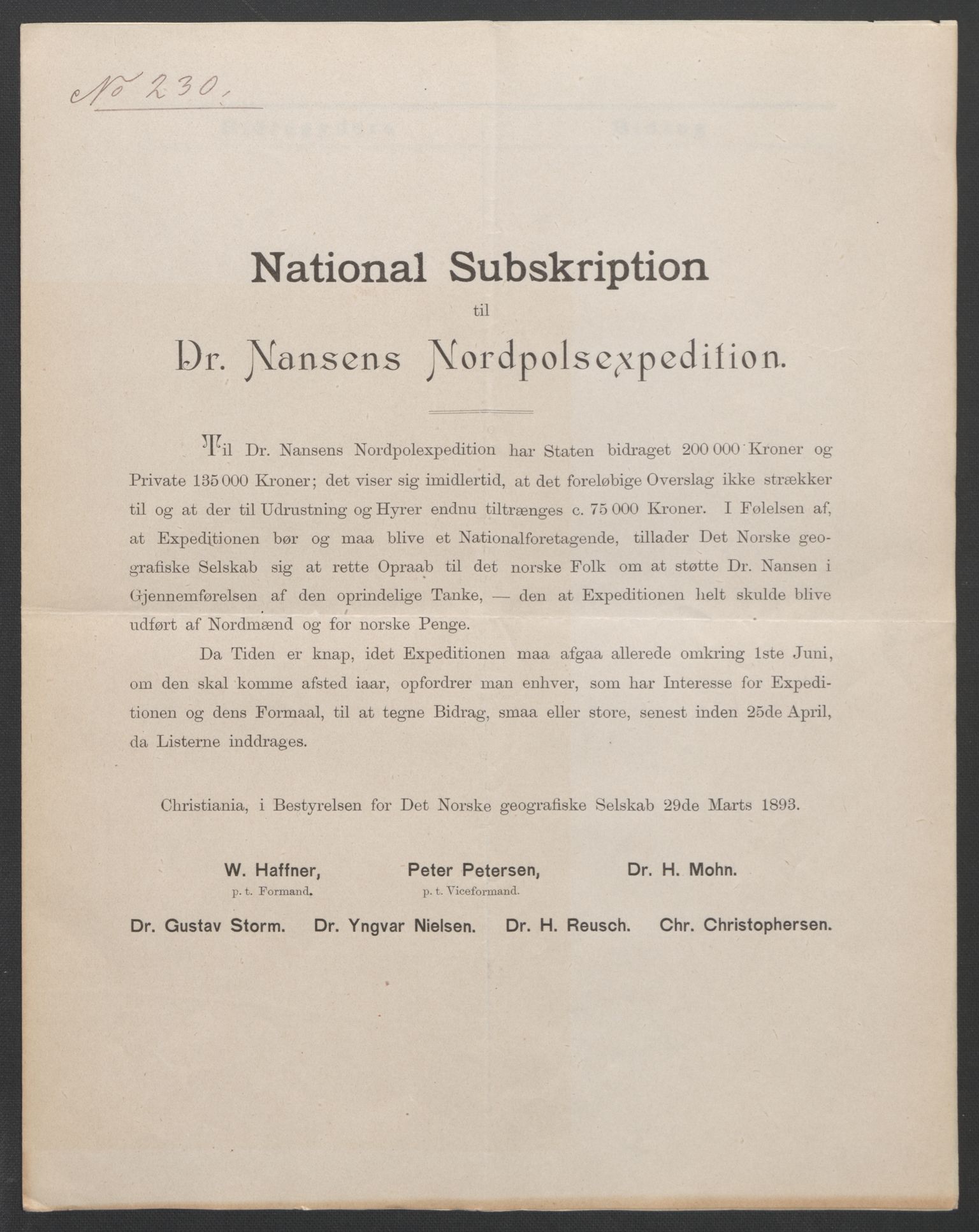 Arbeidskomitéen for Fridtjof Nansens polarekspedisjon, AV/RA-PA-0061/D/L0001/0004: Pengeinnsamlingen / Bidragslister med følgebrev, 1893, p. 14