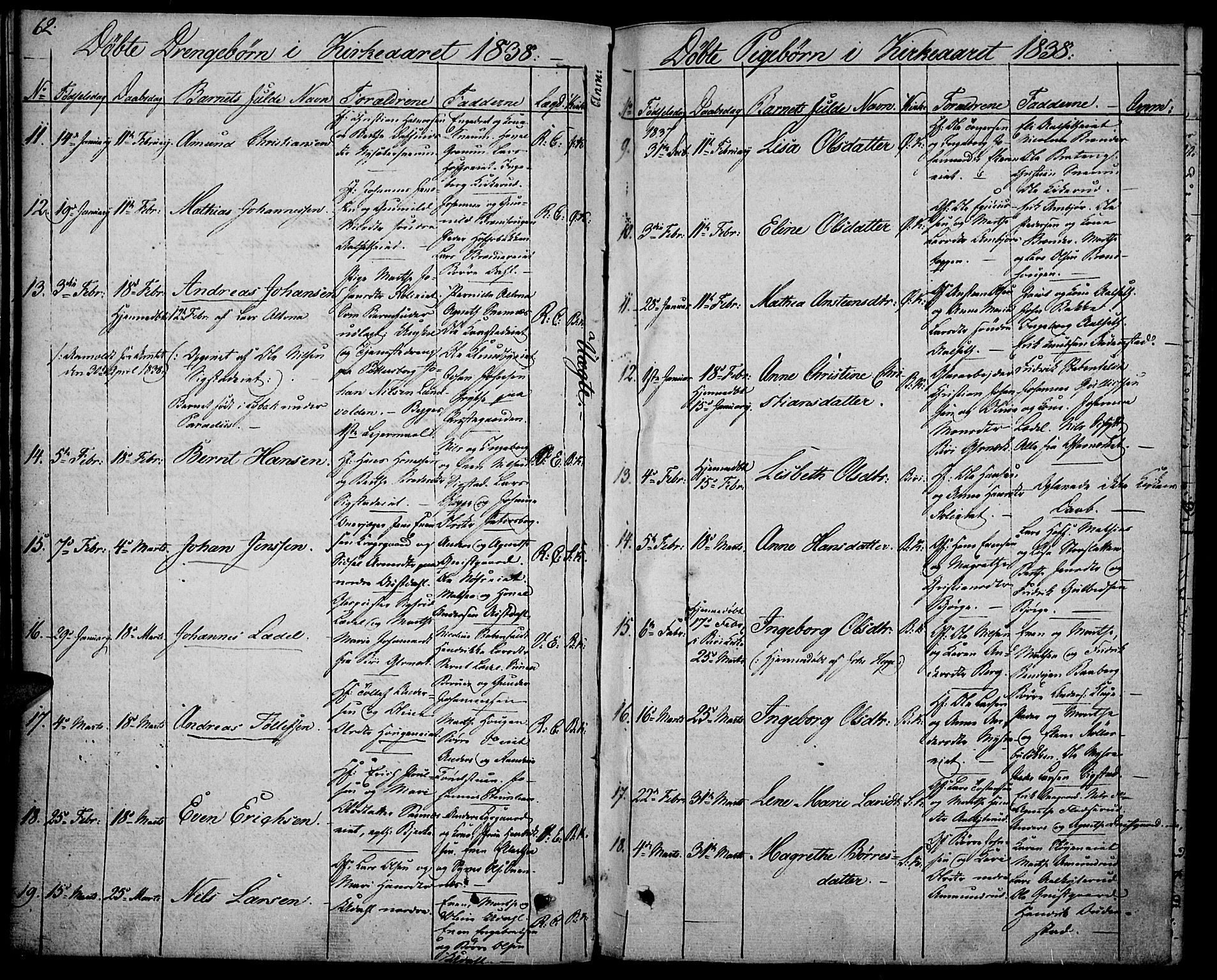 Biri prestekontor, SAH/PREST-096/H/Ha/Haa/L0004: Parish register (official) no. 4, 1829-1842, p. 62