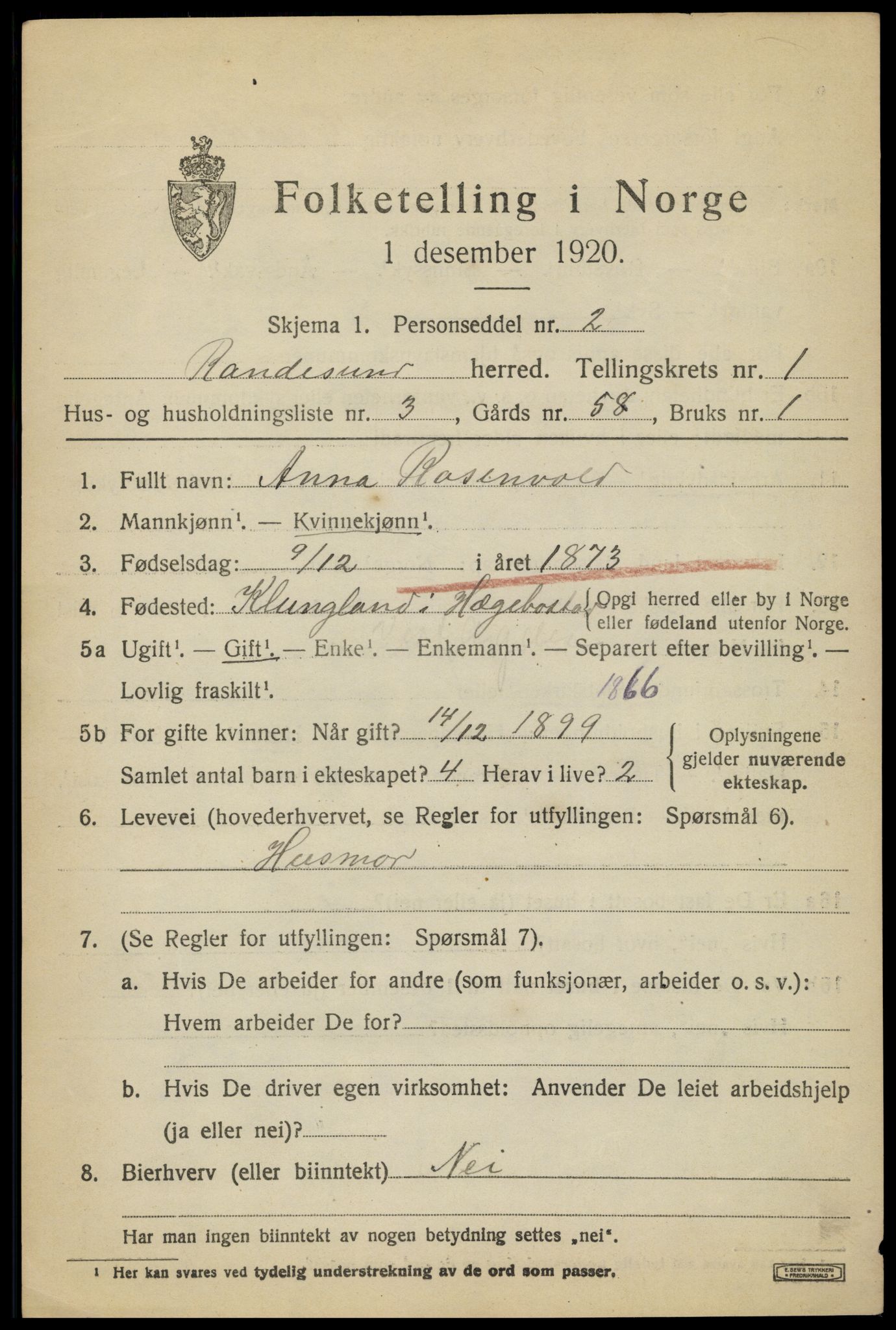 SAK, 1920 census for Randesund, 1920, p. 598