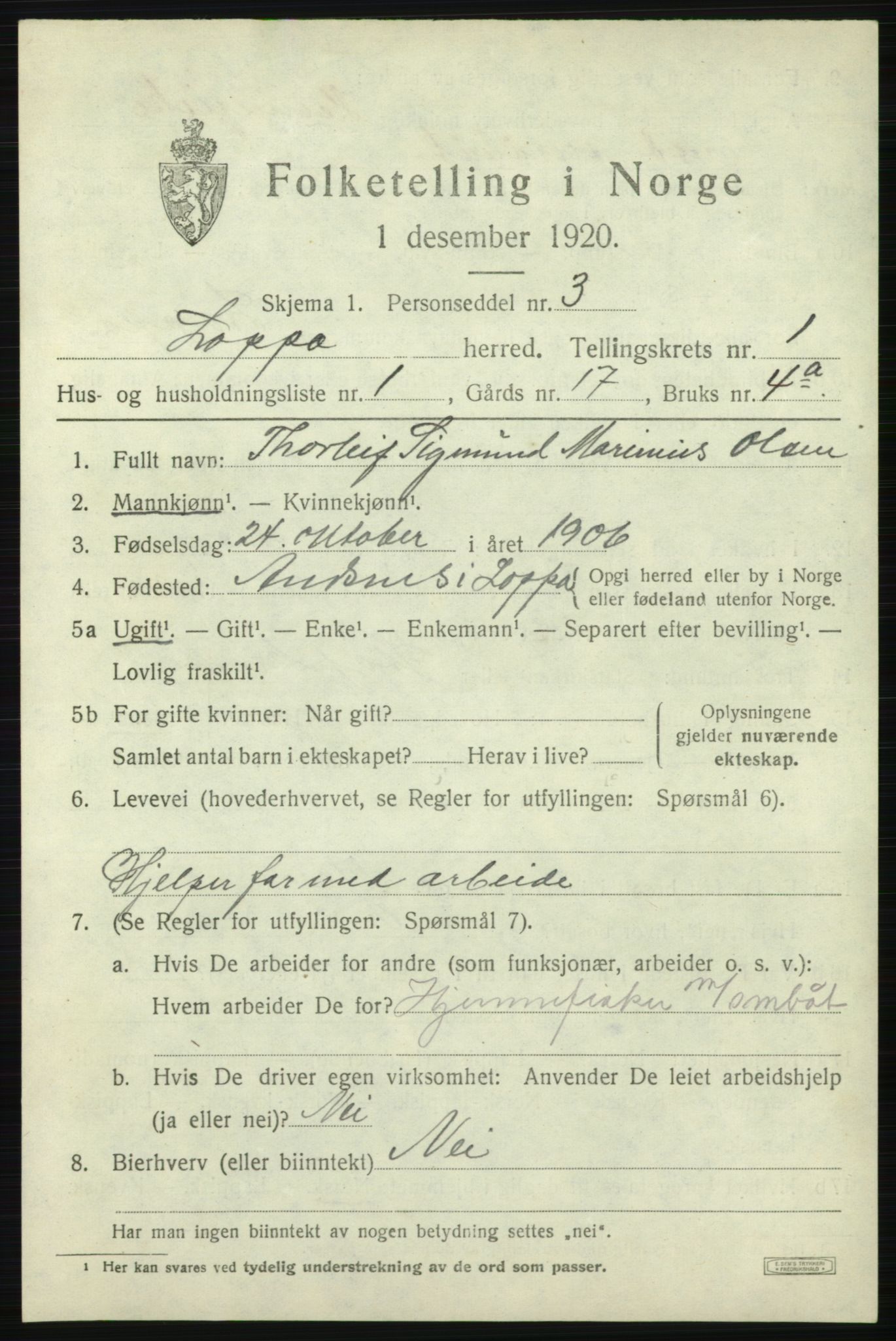 SATØ, 1920 census for Loppa, 1920, p. 626