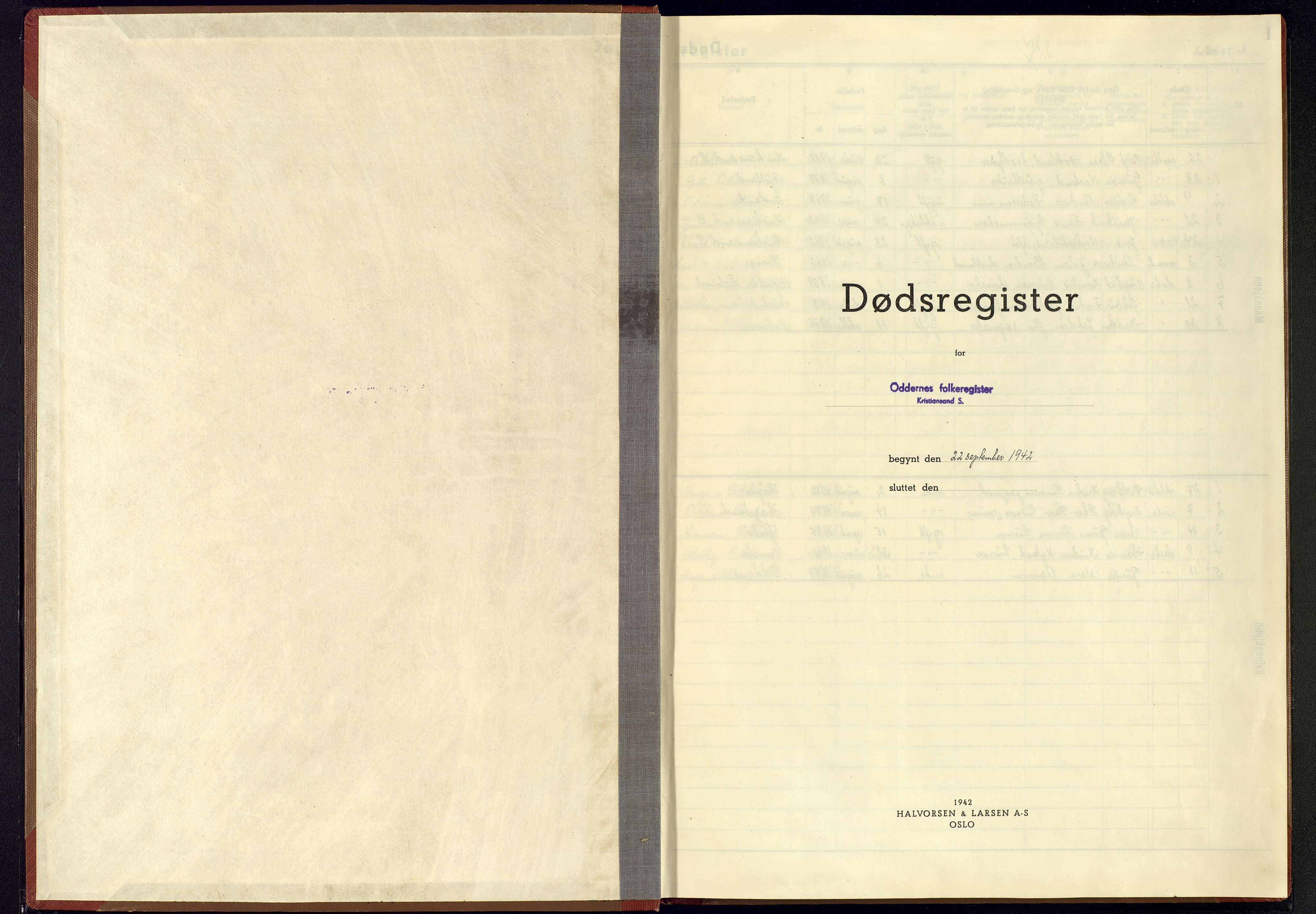 Oddernes sokneprestkontor, SAK/1111-0033/J/Jb/L0007: Dødsfallsregister Oddernes, 1942-1945