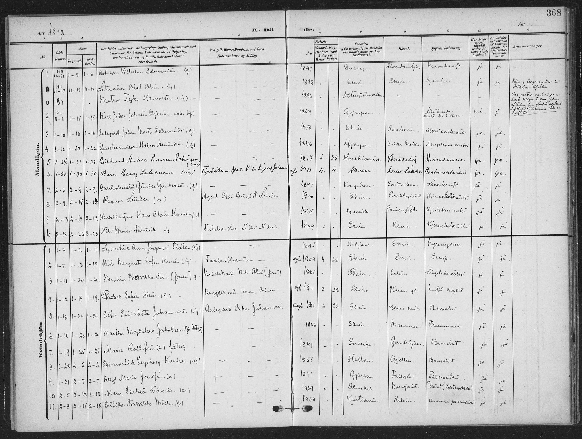 Skien kirkebøker, SAKO/A-302/F/Fa/L0012: Parish register (official) no. 12, 1908-1914, p. 368