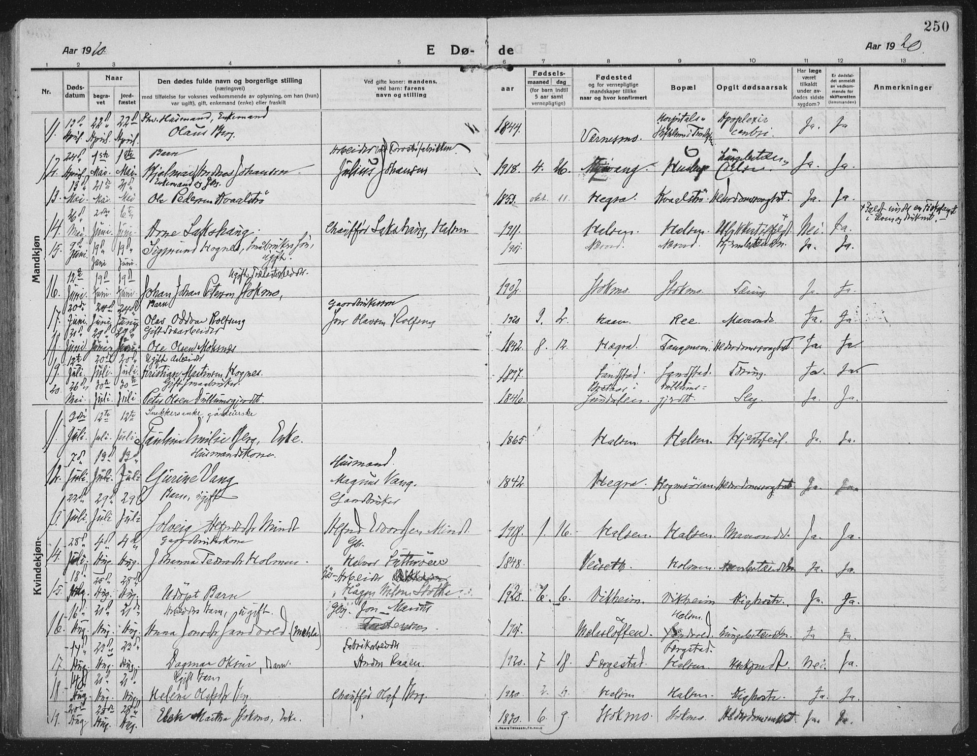 Ministerialprotokoller, klokkerbøker og fødselsregistre - Nord-Trøndelag, SAT/A-1458/709/L0083: Parish register (official) no. 709A23, 1916-1928, p. 250