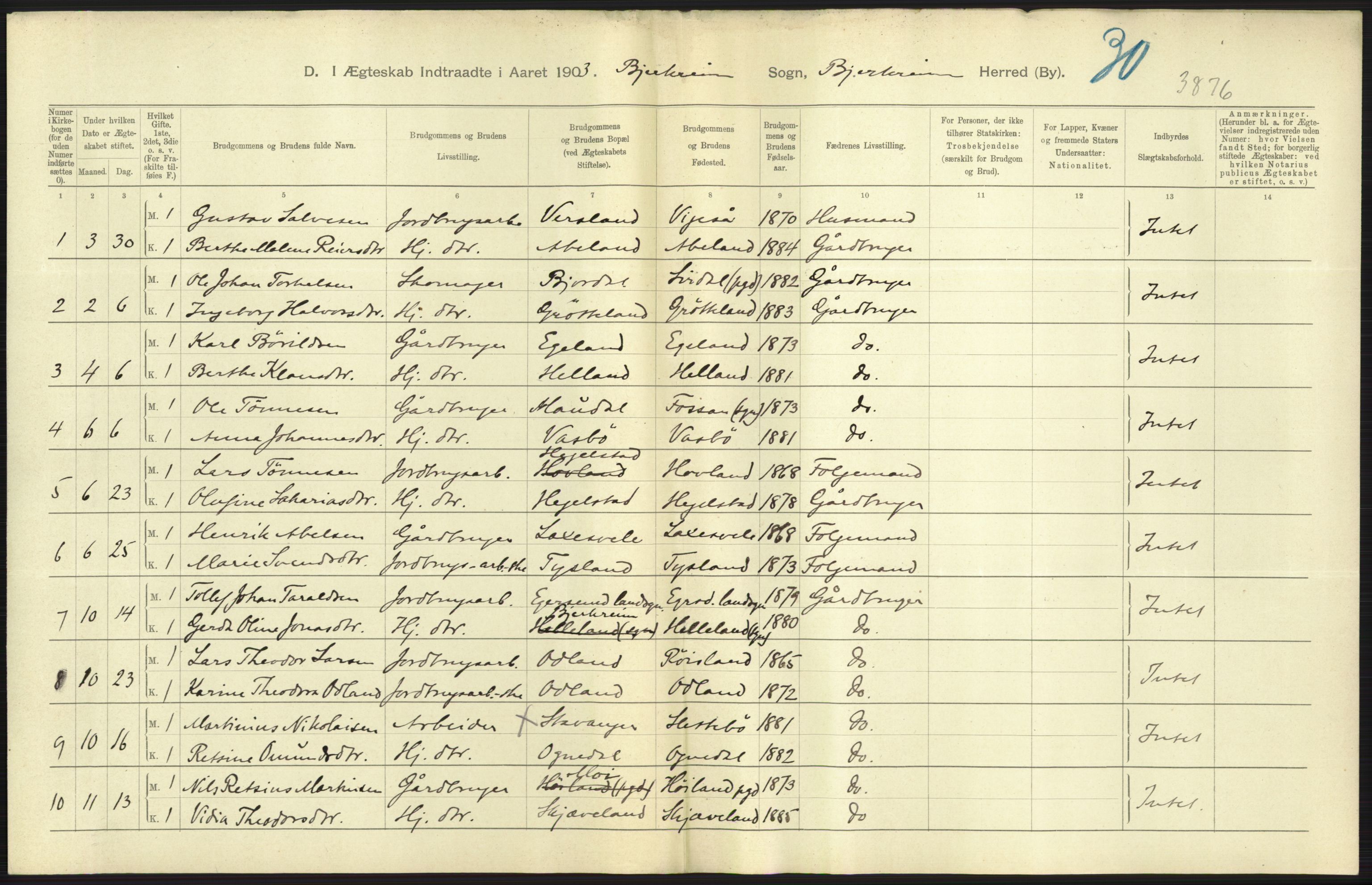 Statistisk sentralbyrå, Sosiodemografiske emner, Befolkning, RA/S-2228/D/Df/Dfa/Dfaa/L0012: Stavanger amt: Fødte, gifte, døde, 1903, p. 477