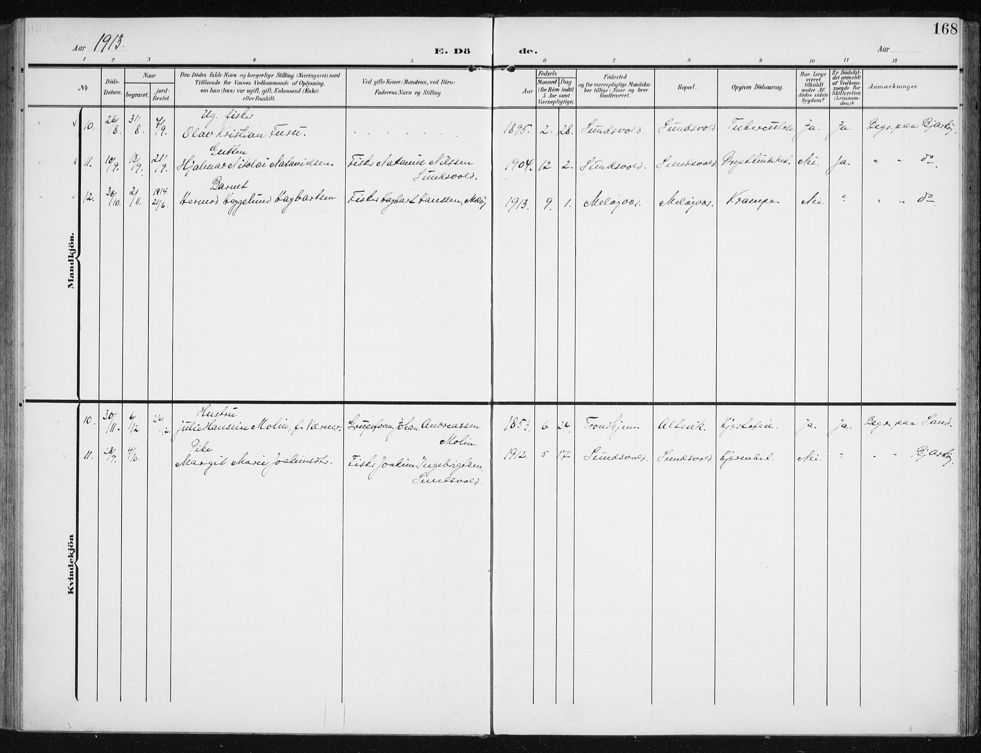 Sand/Bjarkøy sokneprestkontor, AV/SATØ-S-0811/I/Ia/Iaa/L0005kirke: Parish register (official) no. 5, 1905-1914, p. 168