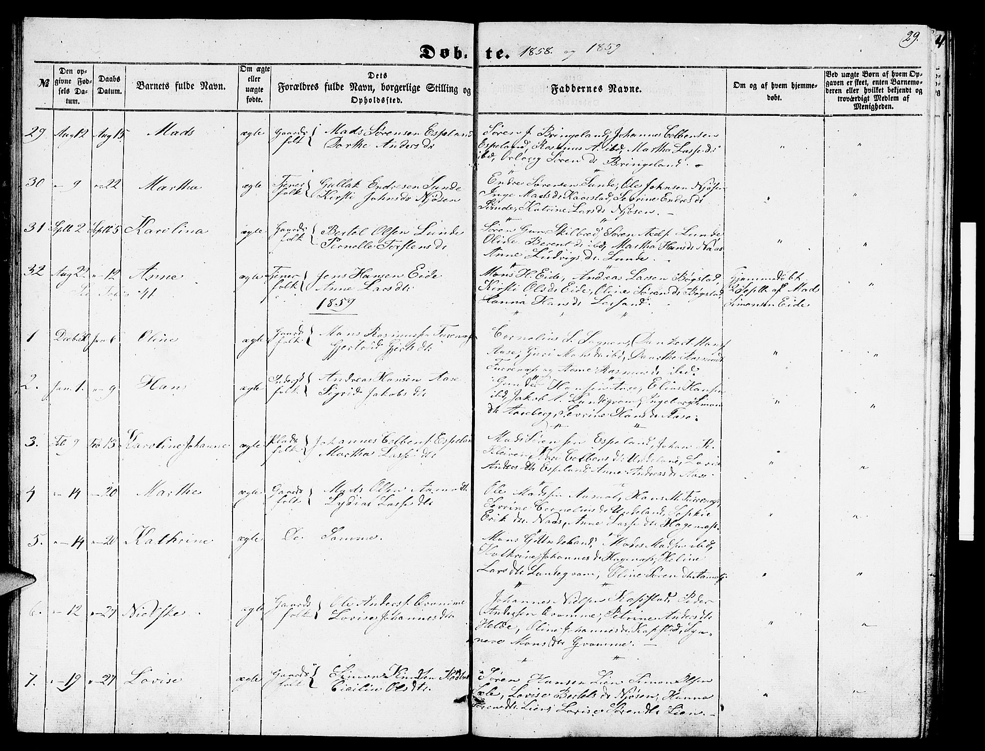 Gaular sokneprestembete, SAB/A-80001/H/Hab: Parish register (copy) no. B 1, 1853-1863, p. 29